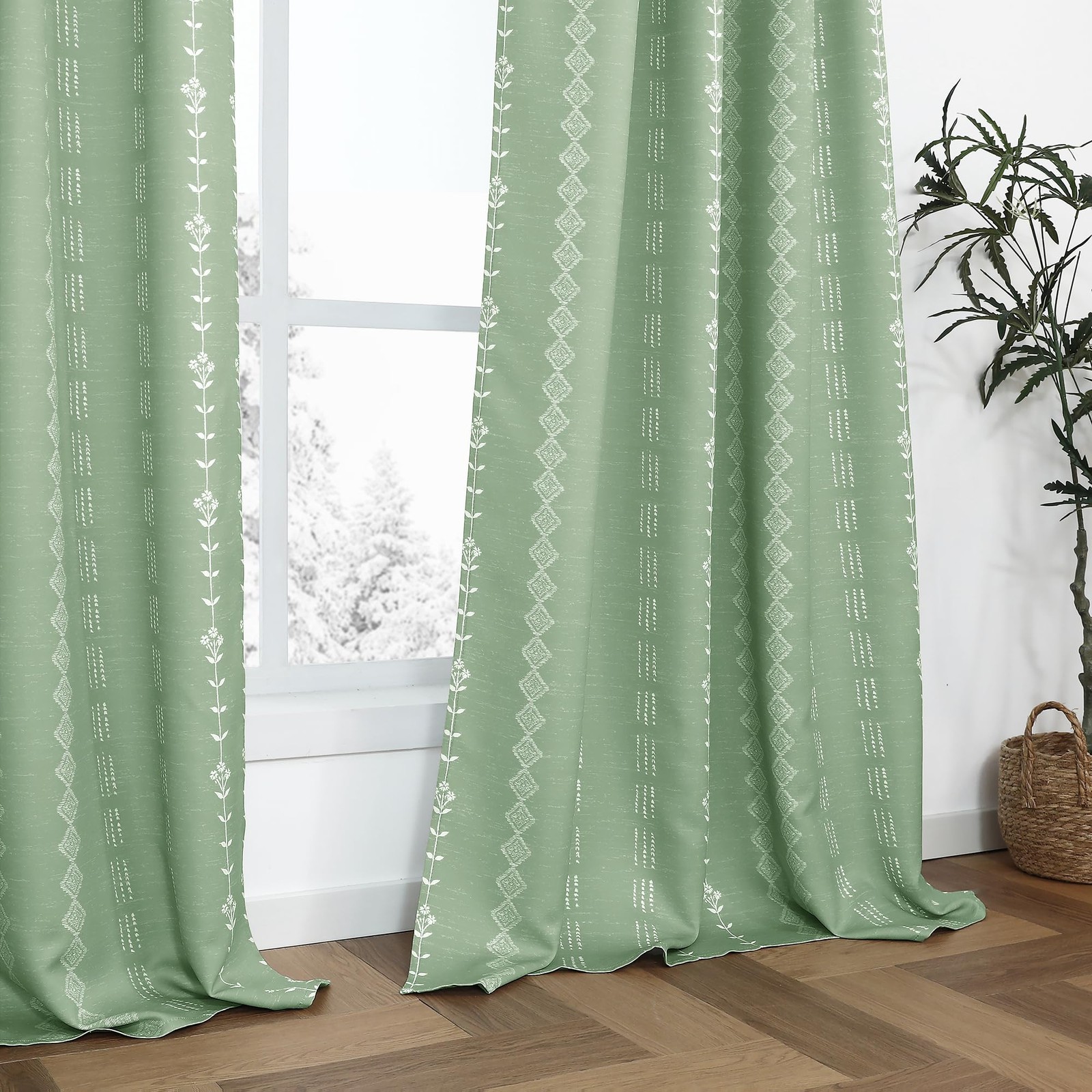 Sage Green Botanical Patterned Curtains, Boho Neutral Nursery Curtains Semi B…