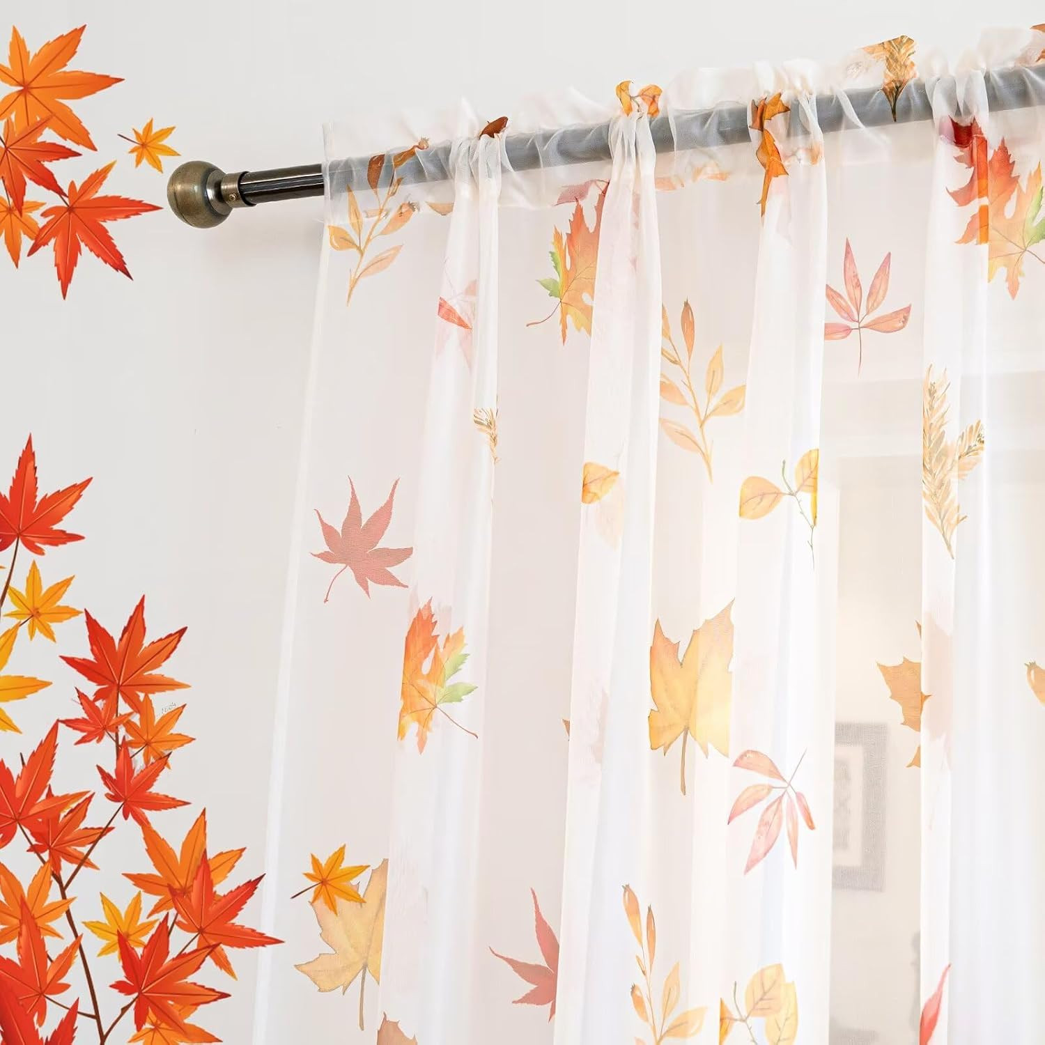 youleyar Fall Sheer Curtains for Living Room 63 Inches Long 2 Panels Orange Semi