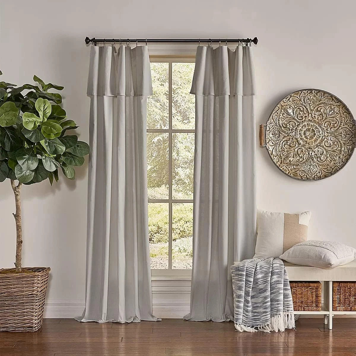 Drop Cloth Curtain Panel, Light Filtering Ring & Tab Top with Attached Valance