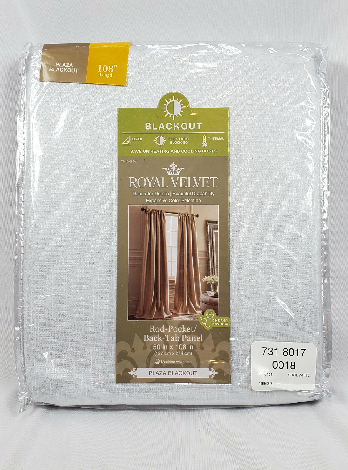 Royal Velvet Cool White Plaza Blackout Rod-Pocket Back Tab Panel, 50″x108″
