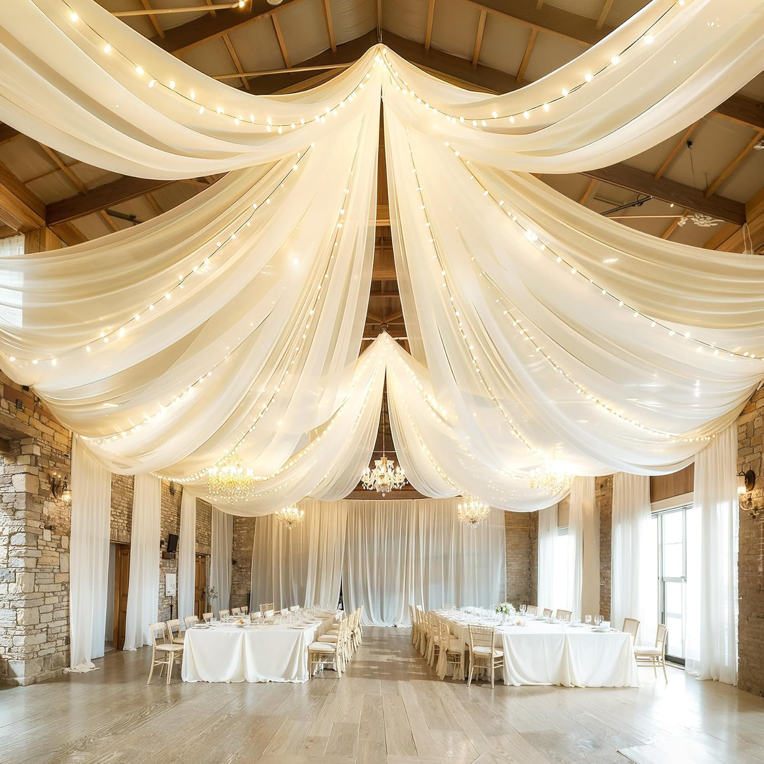 Ivory Sheer Tulle Ceiling Drapes with Lights for Weddings & Parties 5x10ft
