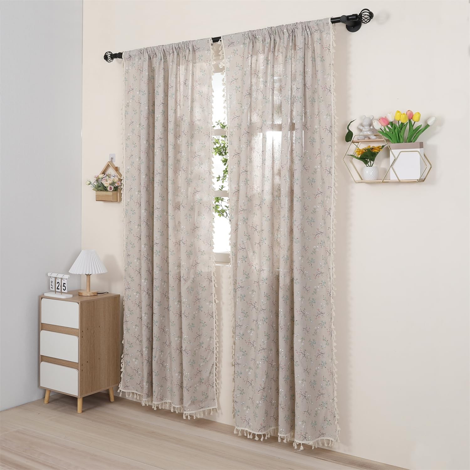 1 Pair Floral Linen Curtains Rustic Country Style Light Filtering Rod Pocket …
