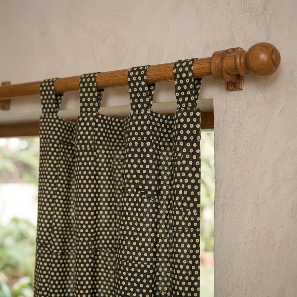 Hand Block Print Cotton Curtains, Black Polka Dot Tab Top Drapes, Boho Farmhouse
