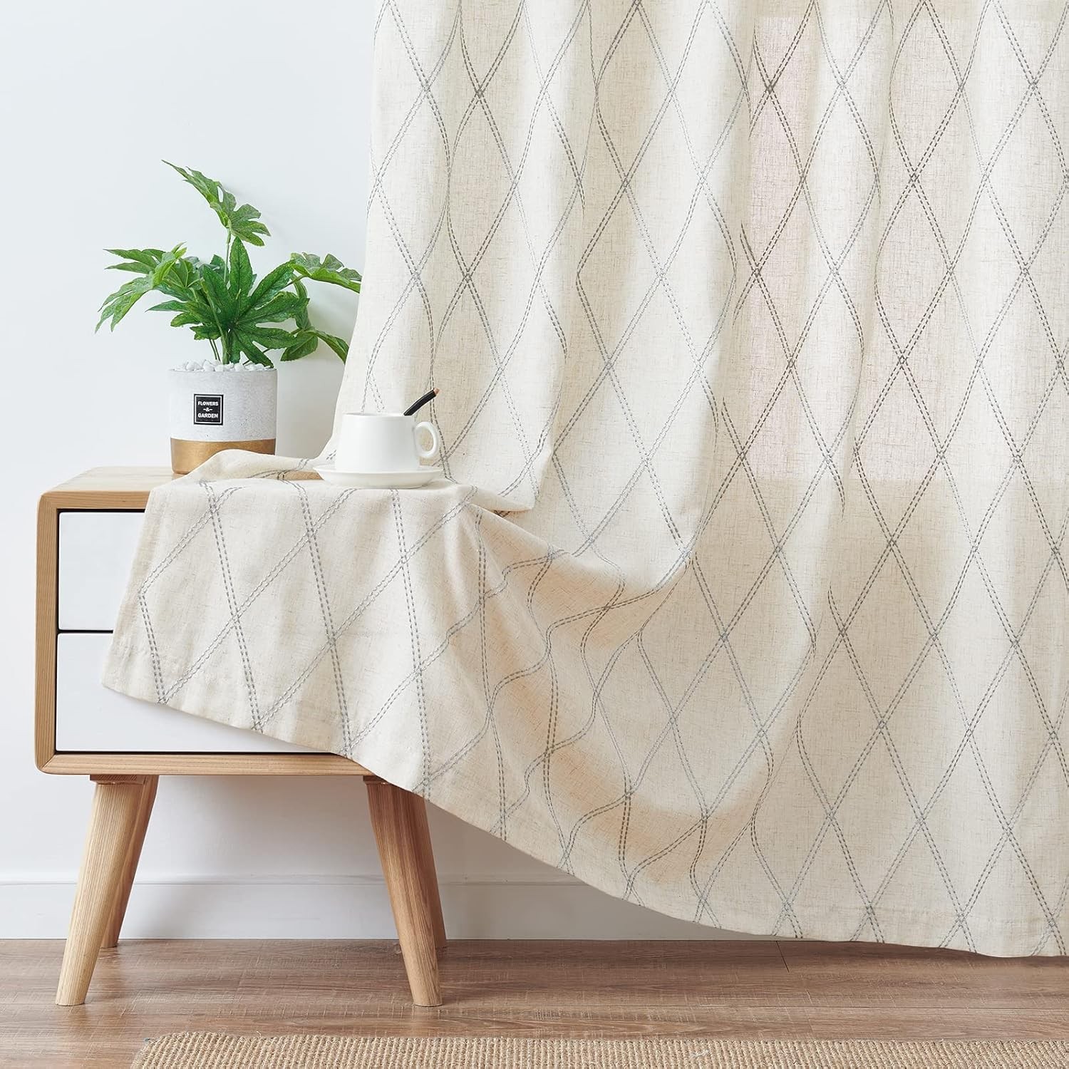 Embroidered Linen Curtains 2 Panels Boho Sheer Rod Grommets for Living Room