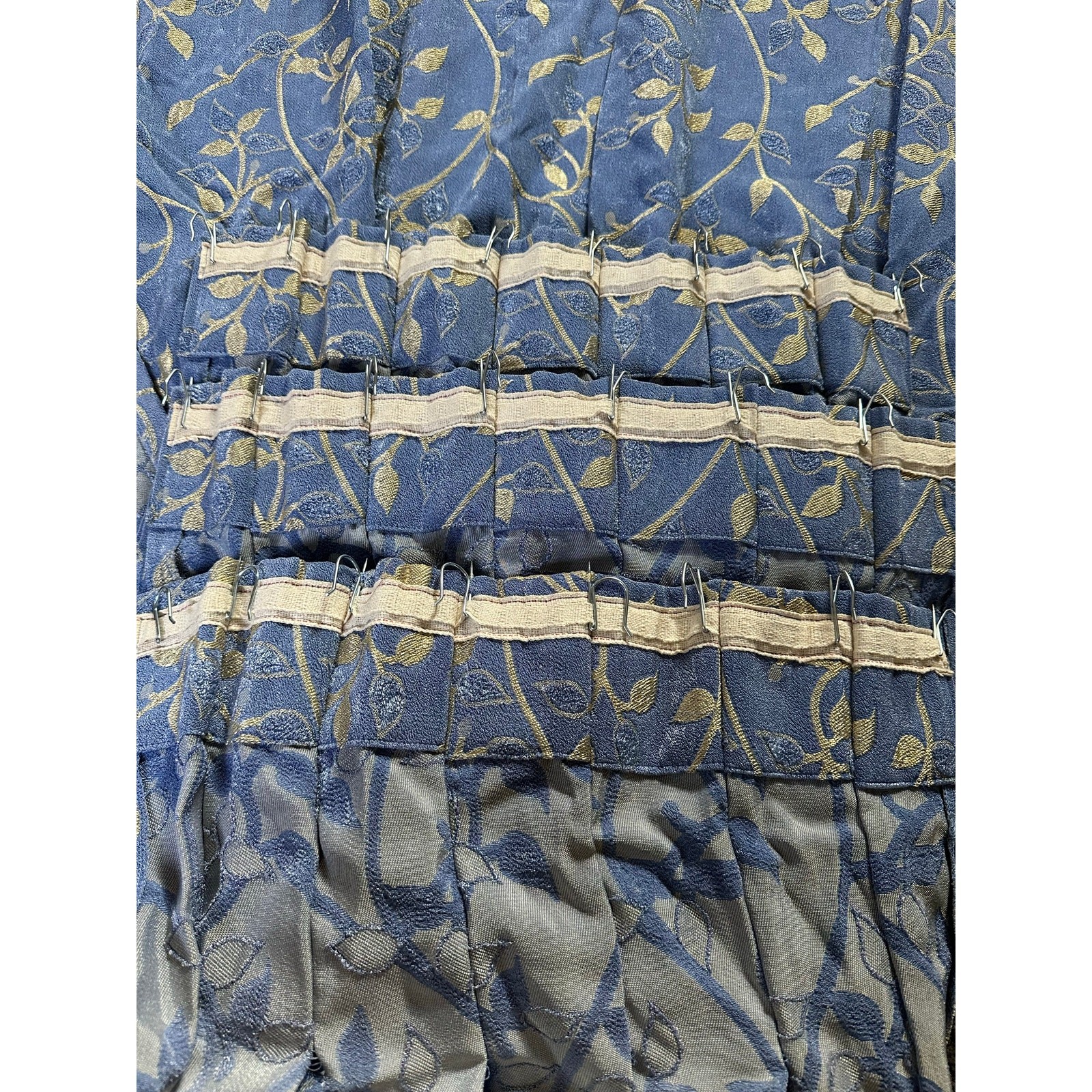 3 Vintage blue curtains drapes floral metallic gold luxury jacquard pinch pleat