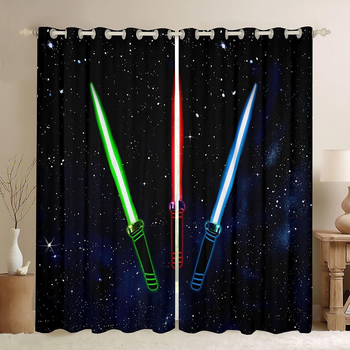 Lightsaber Blackout Window Curtain,Green Red Blue Curtain,Starry Sky Galaxy W…