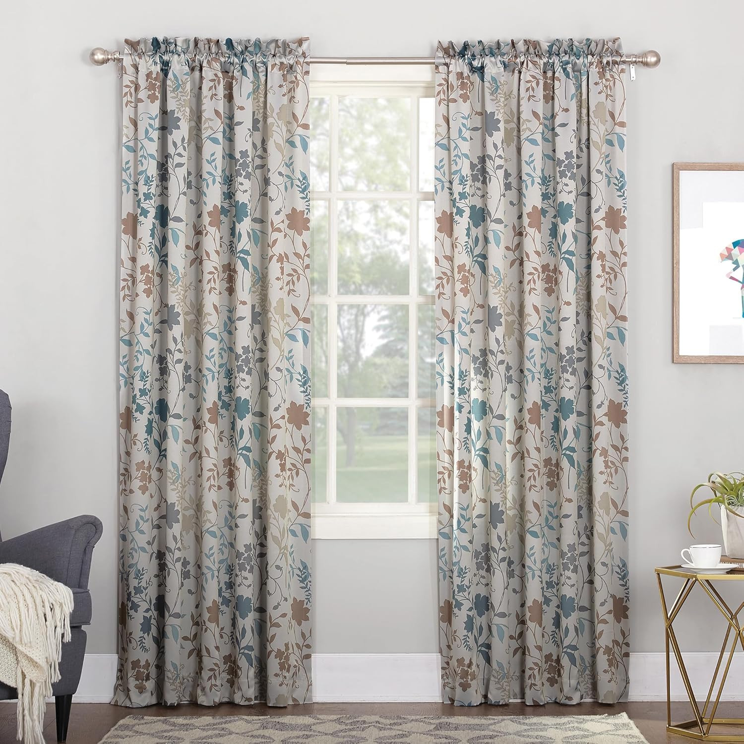 Sun Zero Kara Floral Print Energy Efficient Rod Pocket Curtain Panel, 54″ x 63″,