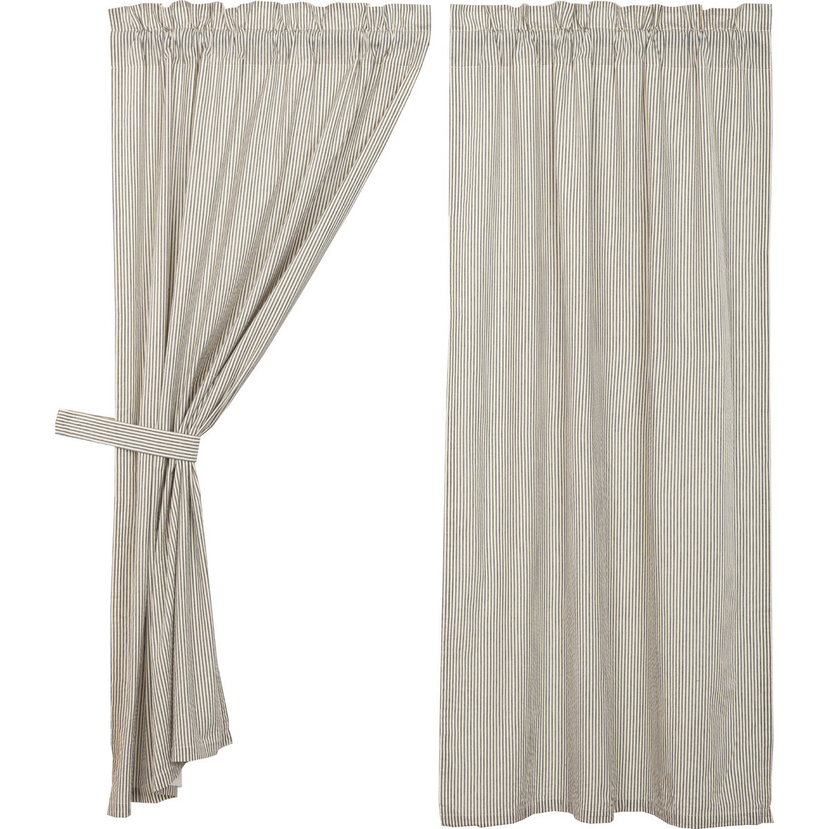 Denim Blue Seersucker Stripe Curtain Set Cotton Lined Farmhouse Style Hatteras