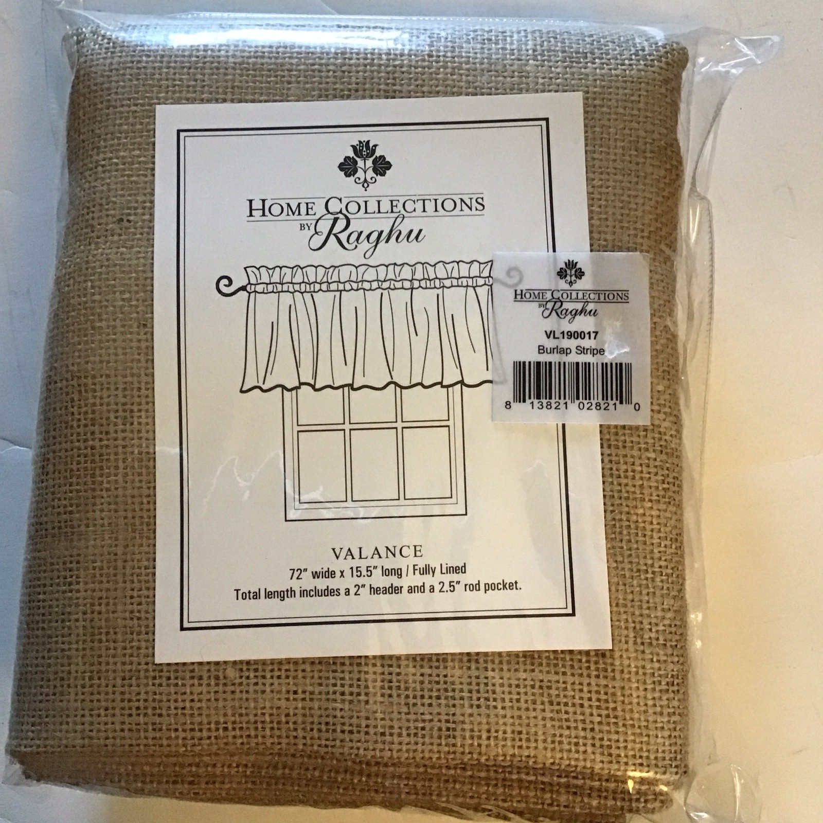 Home Collections By Raghu Lined Valance 72” X 15.5” Burlap Stripe ONE