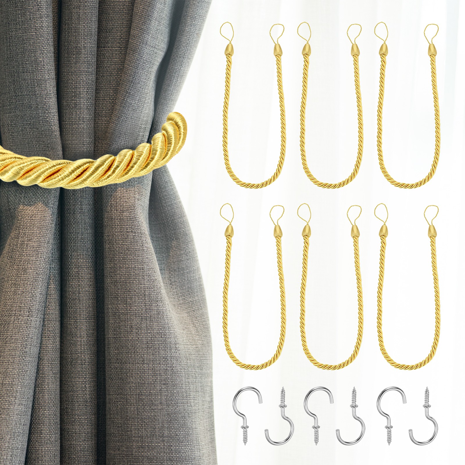 6Pack Curtain Tiebacks 74cm/29″ Braided Drapery Holdback with Hook Gold