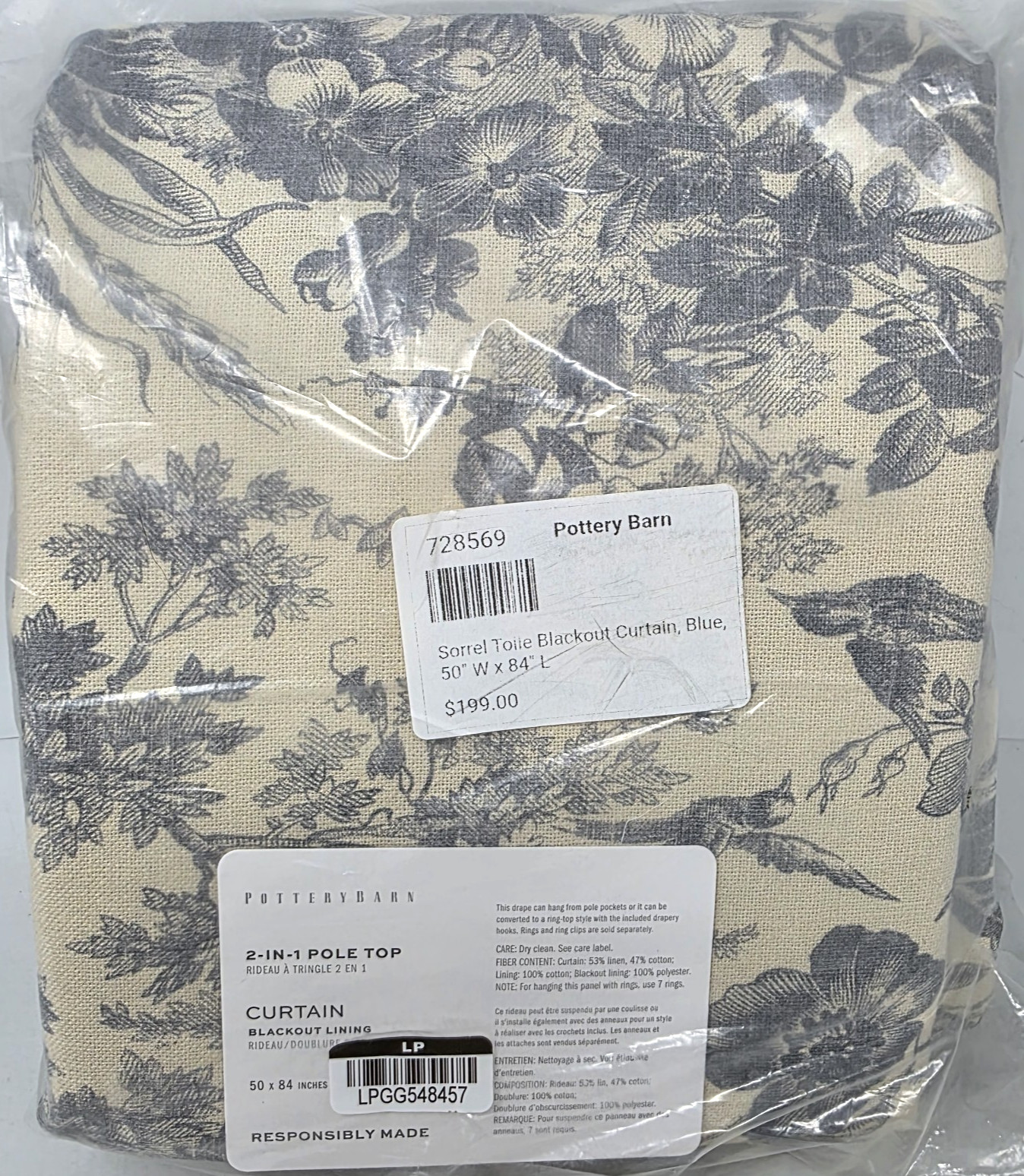 Pottery Barn Sorrel Toile Blackout Curtain Panel 50×84 Blue Floral Drape