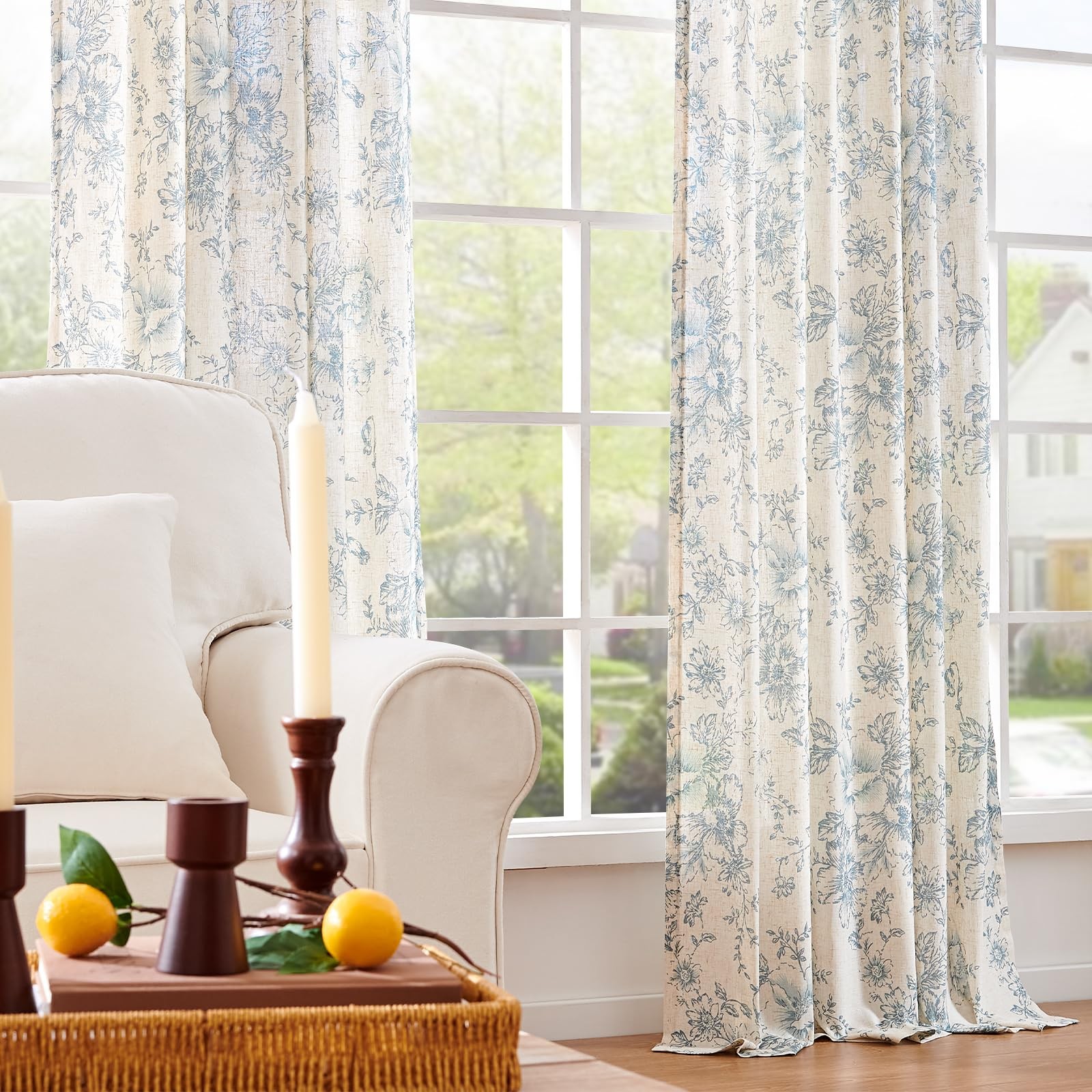 Linen Blend Curtain Floral Curtains for Living Room 84 Inch Length Blue Print…