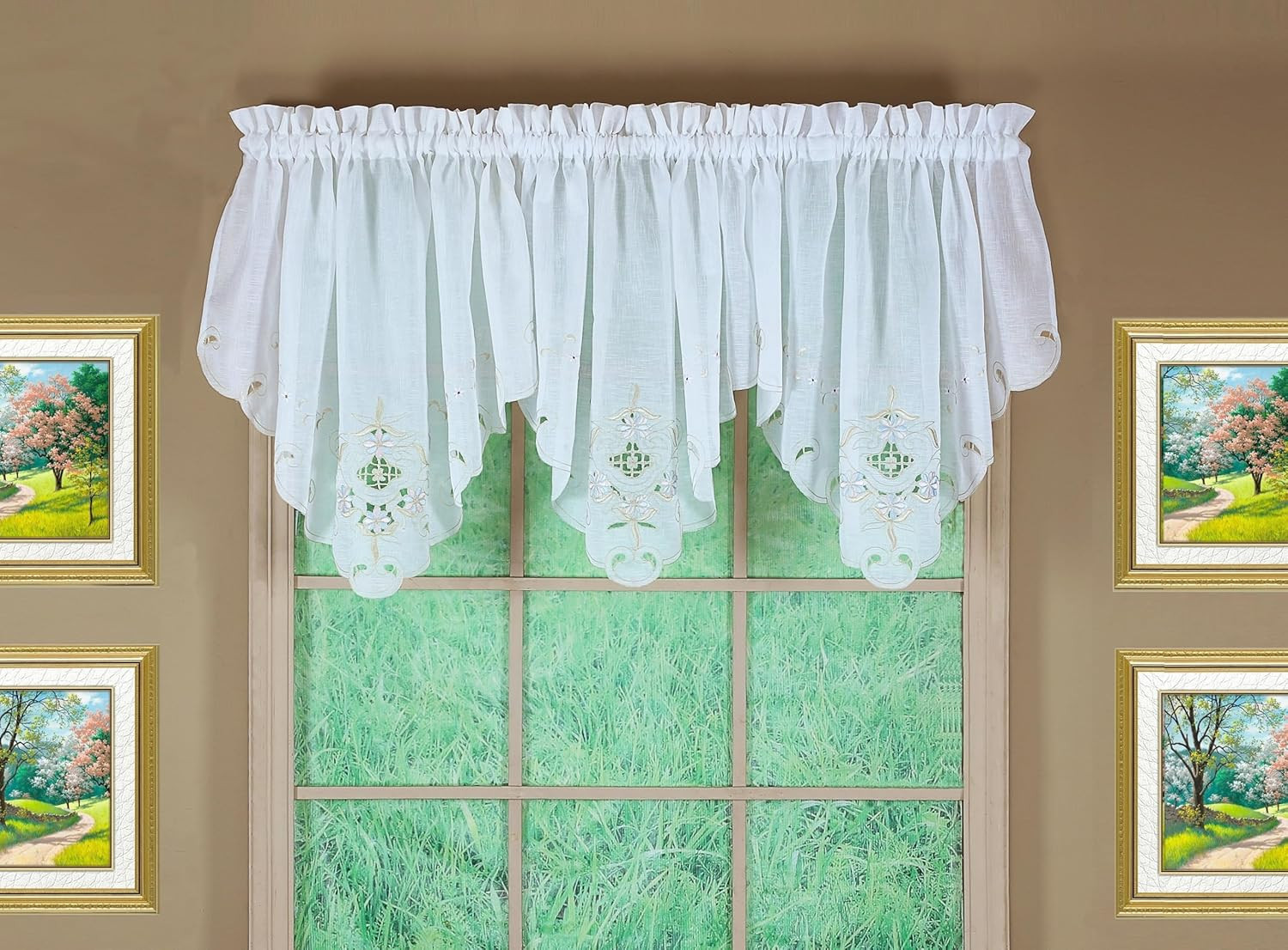 , Sunshine Semi Sheer Embroidery Ascot 25″, White/Blue,40″ W X 25″ L