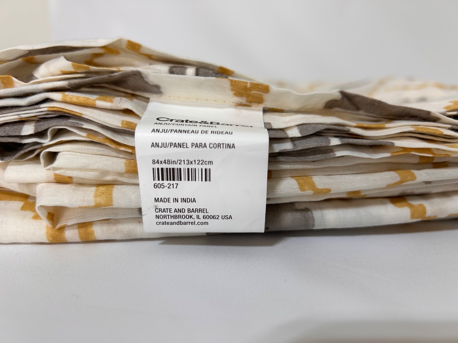 Crate & Barrel Anju Curtain 3 Panels 84×48 Mid Century Yellow Wheat Ikat Sheer