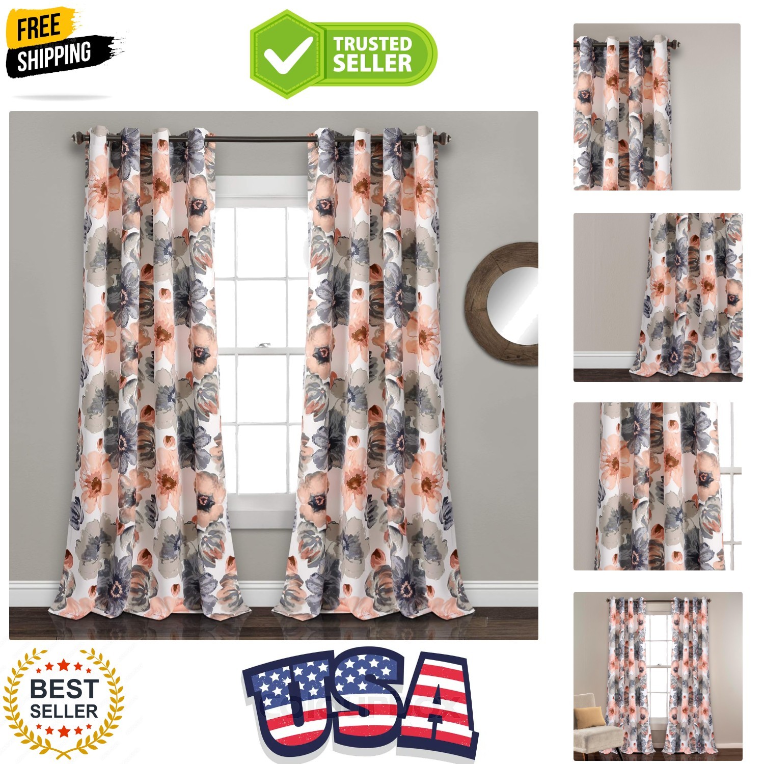 Leah Light Filtering Window Curtain Panels, Pair, 52″ W x 84″ L, Coral & Gray…