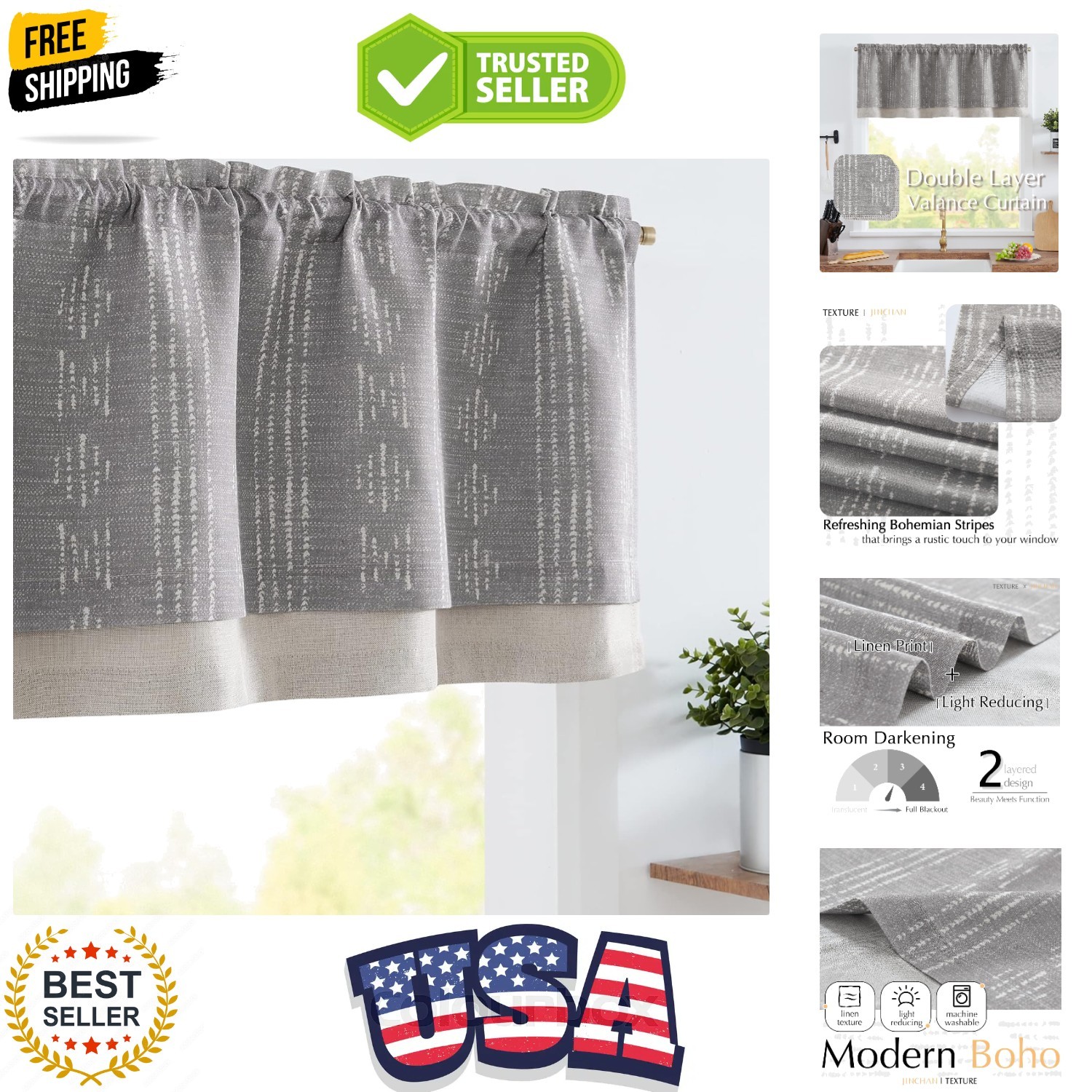 Geometric Striped Boho Valance Curtains Blackout Double Layer Valance for Win…