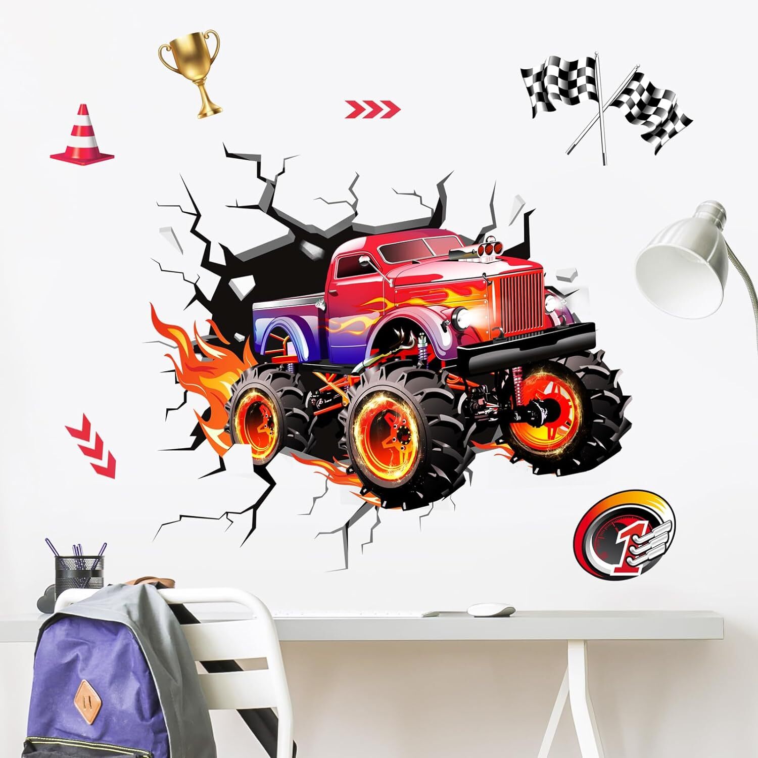 Supzone 3D Racing Car Wall Decals for Boys Room, Fast Multi-colored