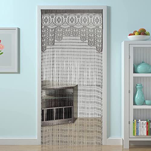 String Door Privacy Lace Curtain Macrame Boho Doorway 35×79in/90×200cm Grey
