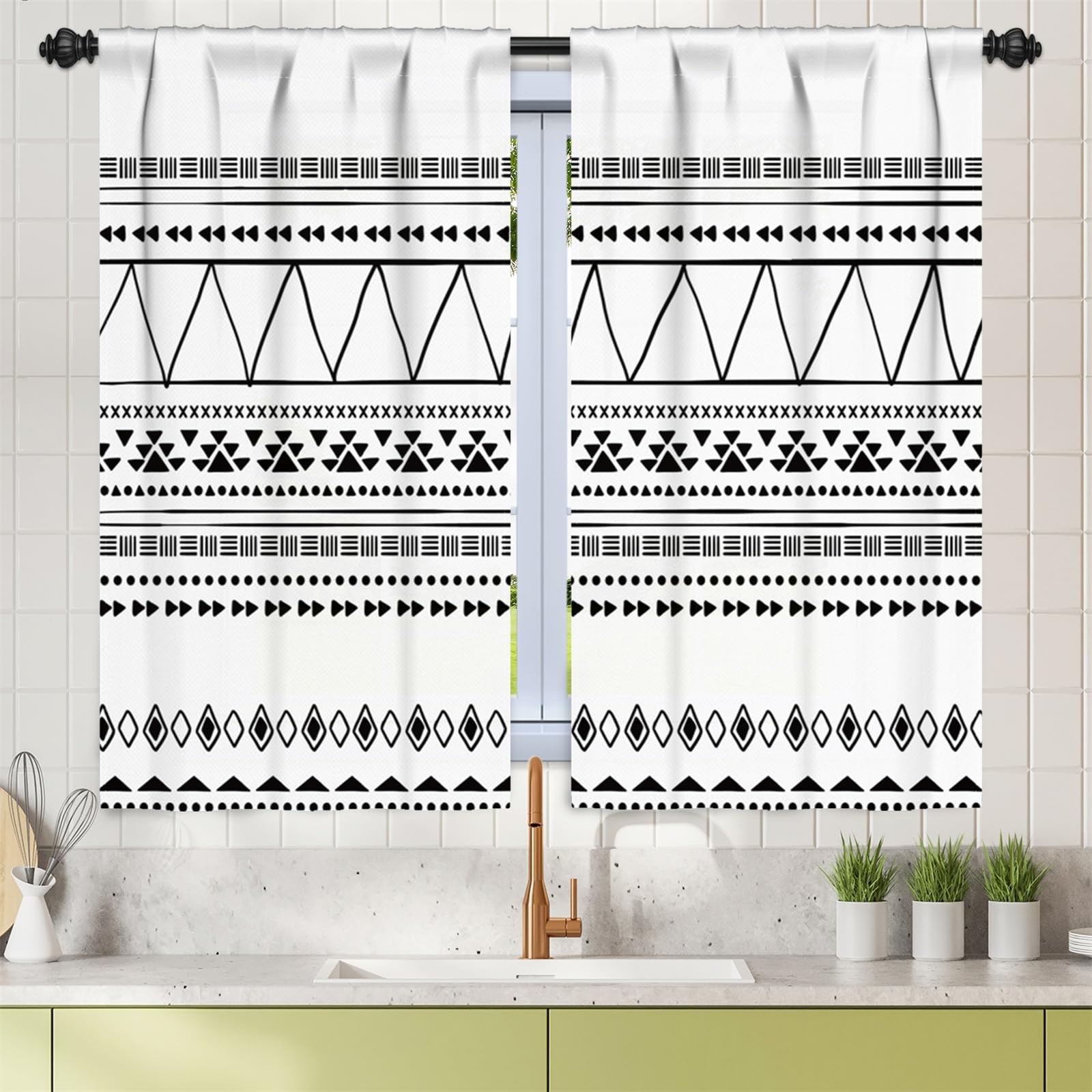 26 x 45 Inch Boho Kitchen Curtains Tier Rod Pocket Linen Fabric Bohemian Geom…
