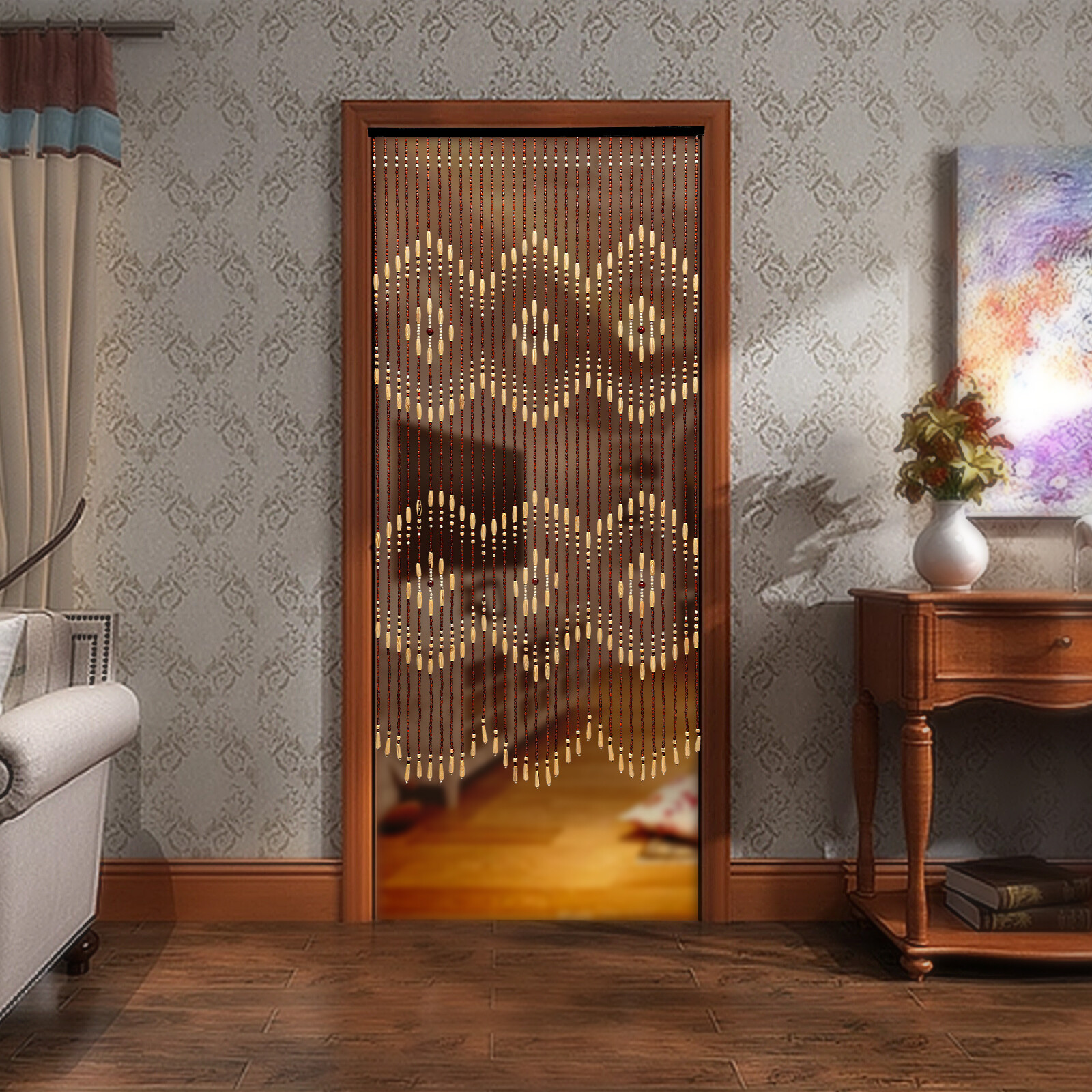 Wooden Bead Curtain for Door and Window Privacy – Handcrafted Zigzag Design