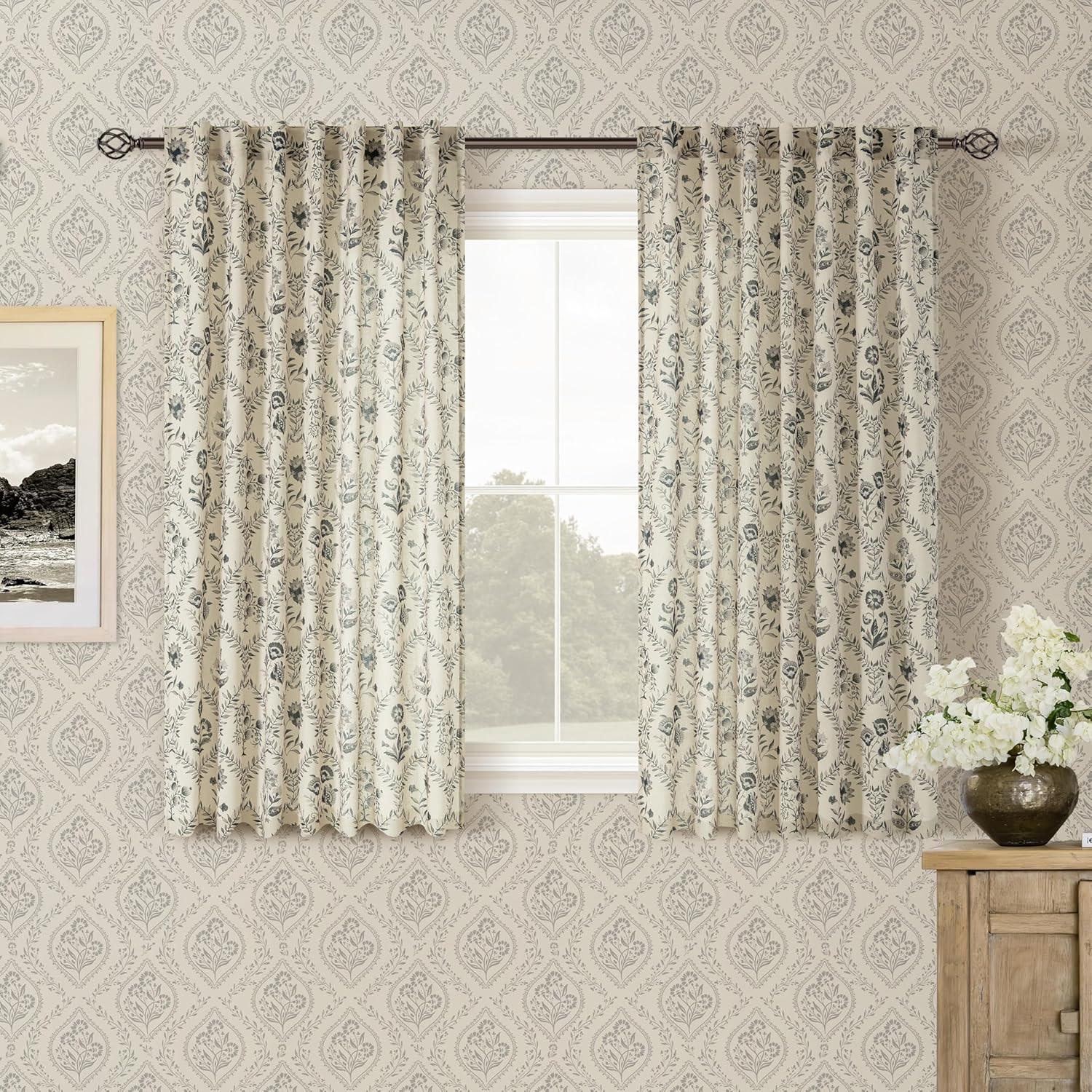 Charcoal Floral Short Curtains 45 Inch Length for Kitchen Dining Room Back Tab F