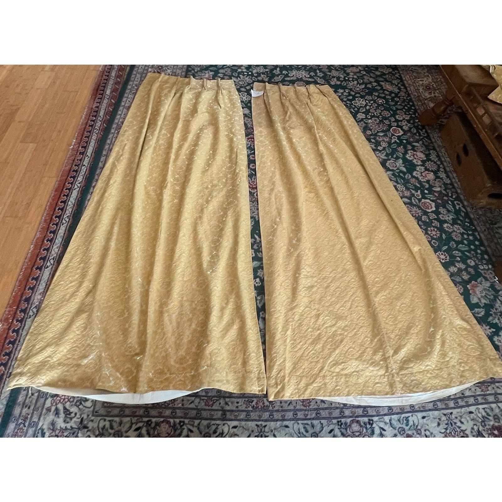 Vintage Pinch Pleated Drapes Curtains 2 Long Panels Lined Gold Yellow 23 x 75