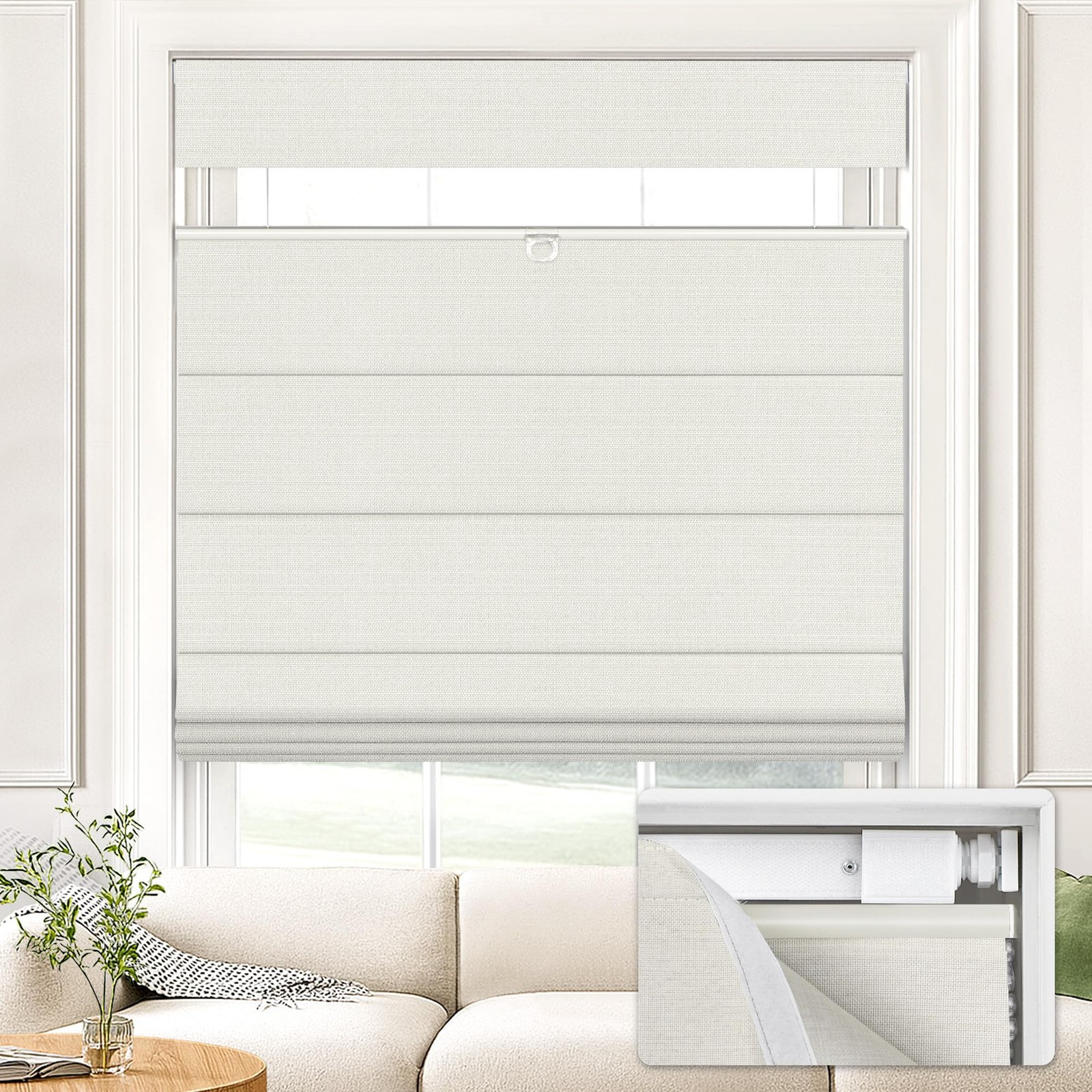 UNISHADES No Drill Top Down Bottom Up Roman Shades for 20″ W x 64″ H, Natural