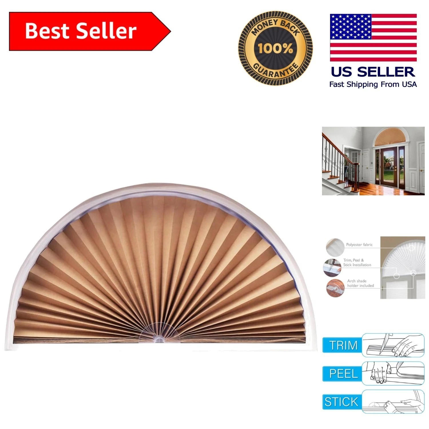 Natural Pleated Fabric Shade – 72″ W x 36″ H Light Blocking for Arched Windows