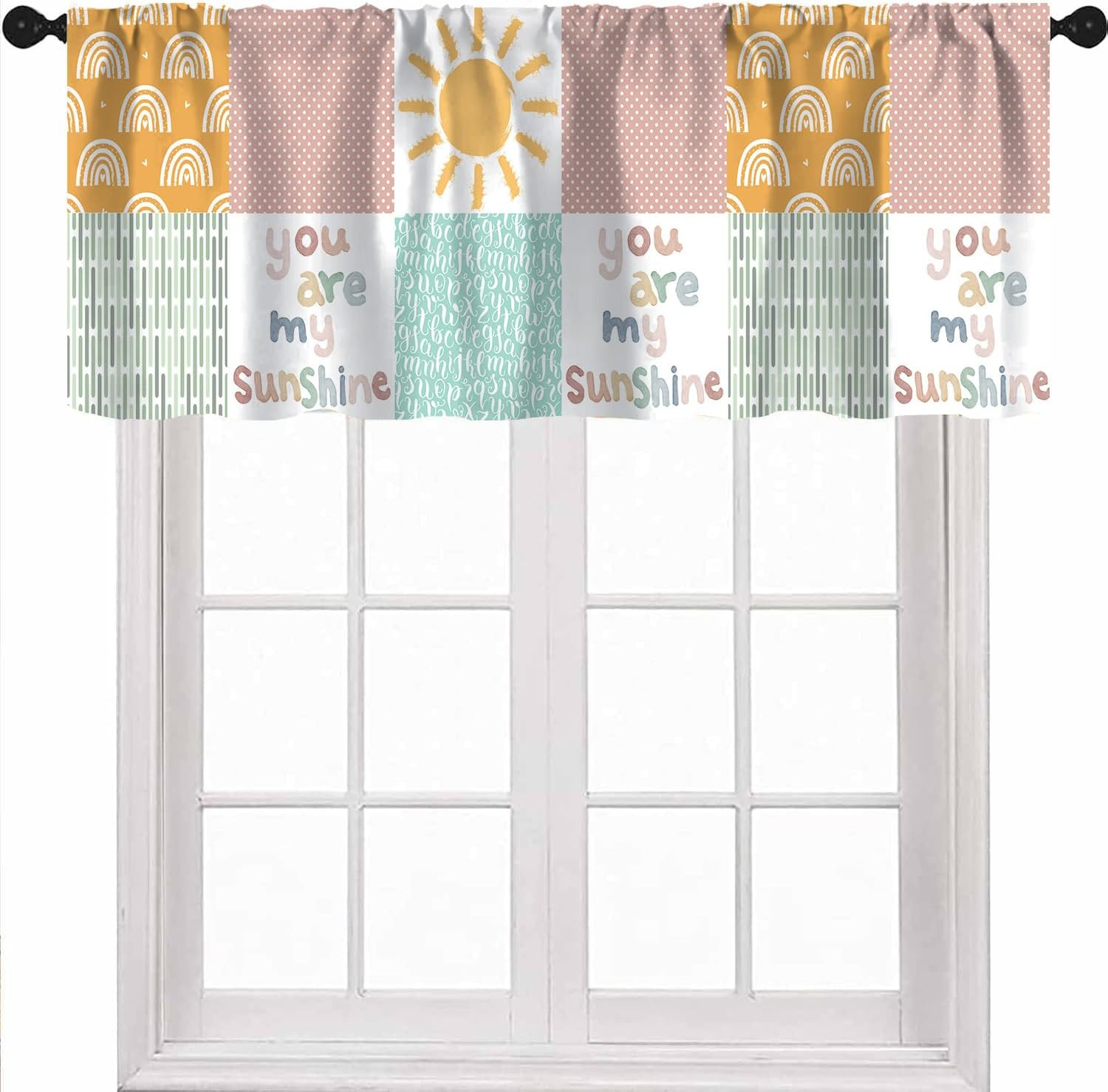Rainbow Cartoon Curtain Valance, Sun Abstract Wave Point Cute Alphabet ABC Valan