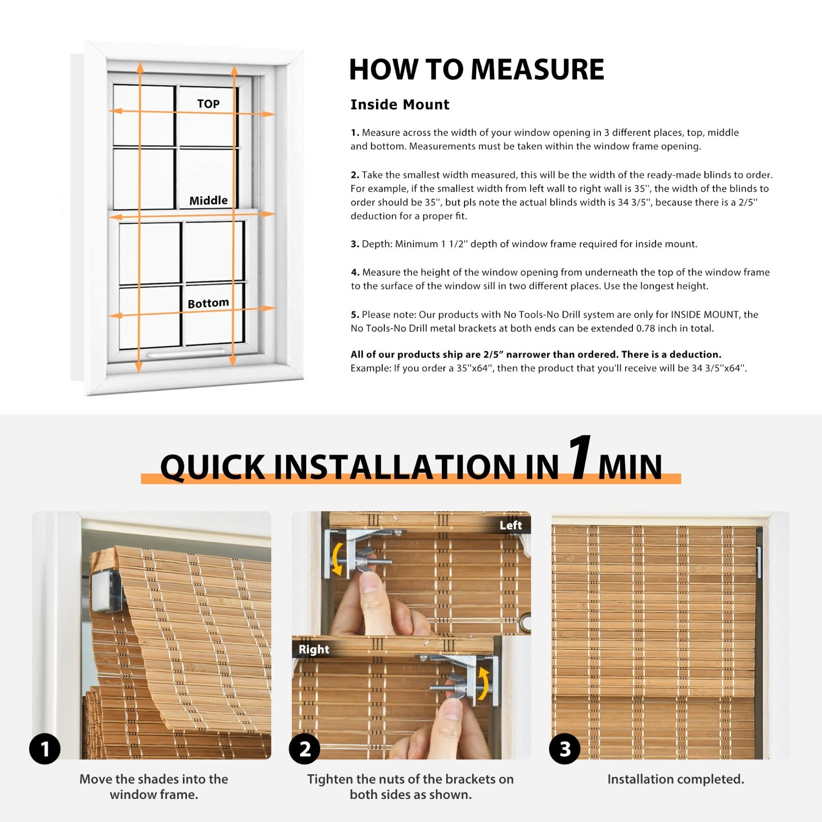 LazBlinds 34» W x 64» H, Ceylon Natural No Tools No Drill Cordless