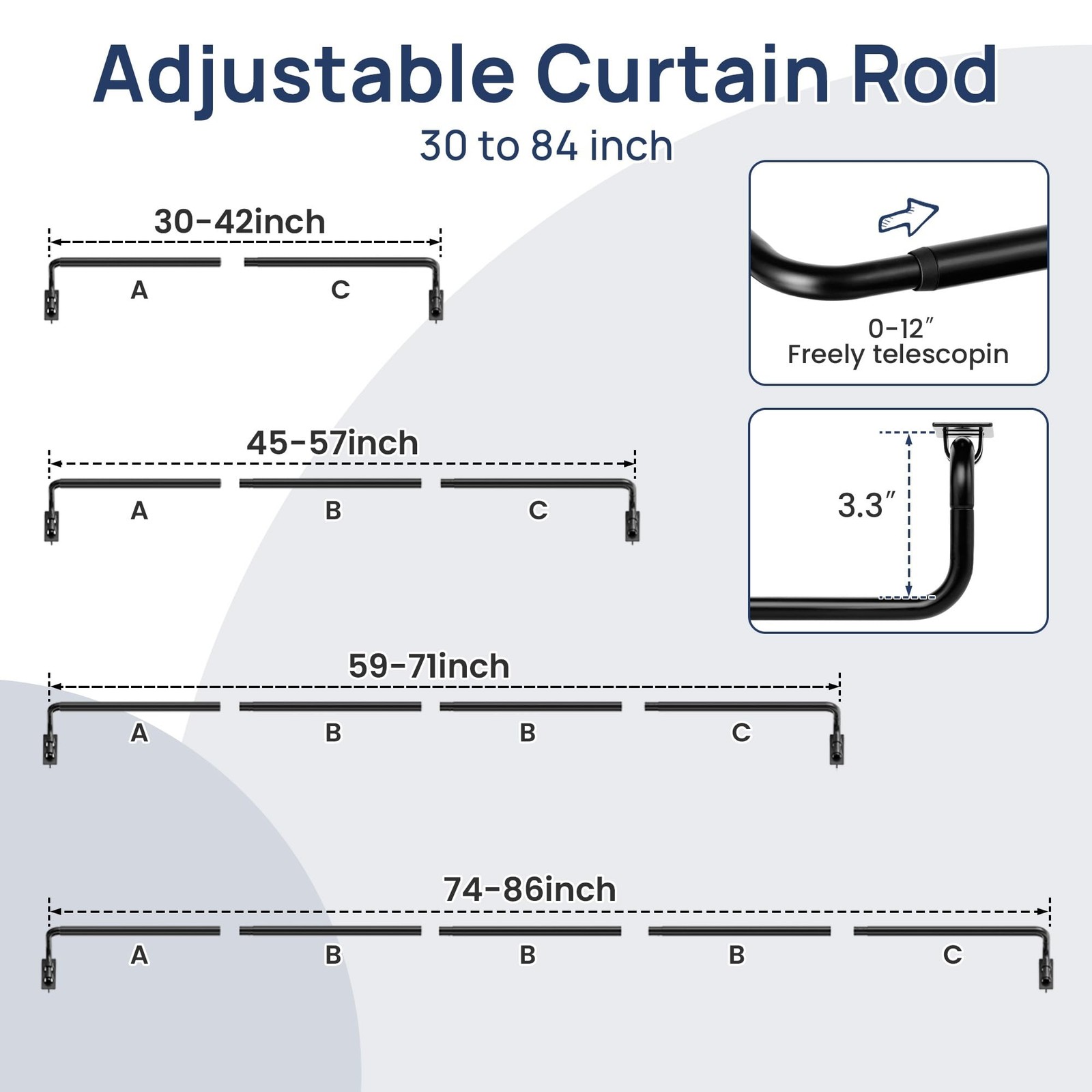 Blackout Curtain rod for windows 48 to 84, Wrap Around Curtain Rods for Bedro…