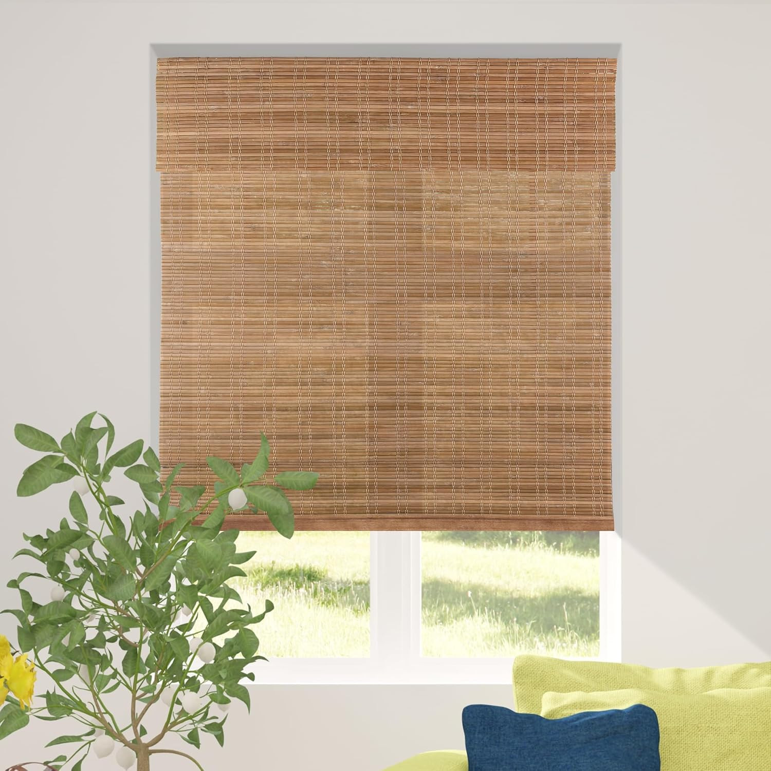 Cordless Bamboo Roman Shade Blind, Light Filtering, 46.5″ W X 48″ H, Ceylon Ches