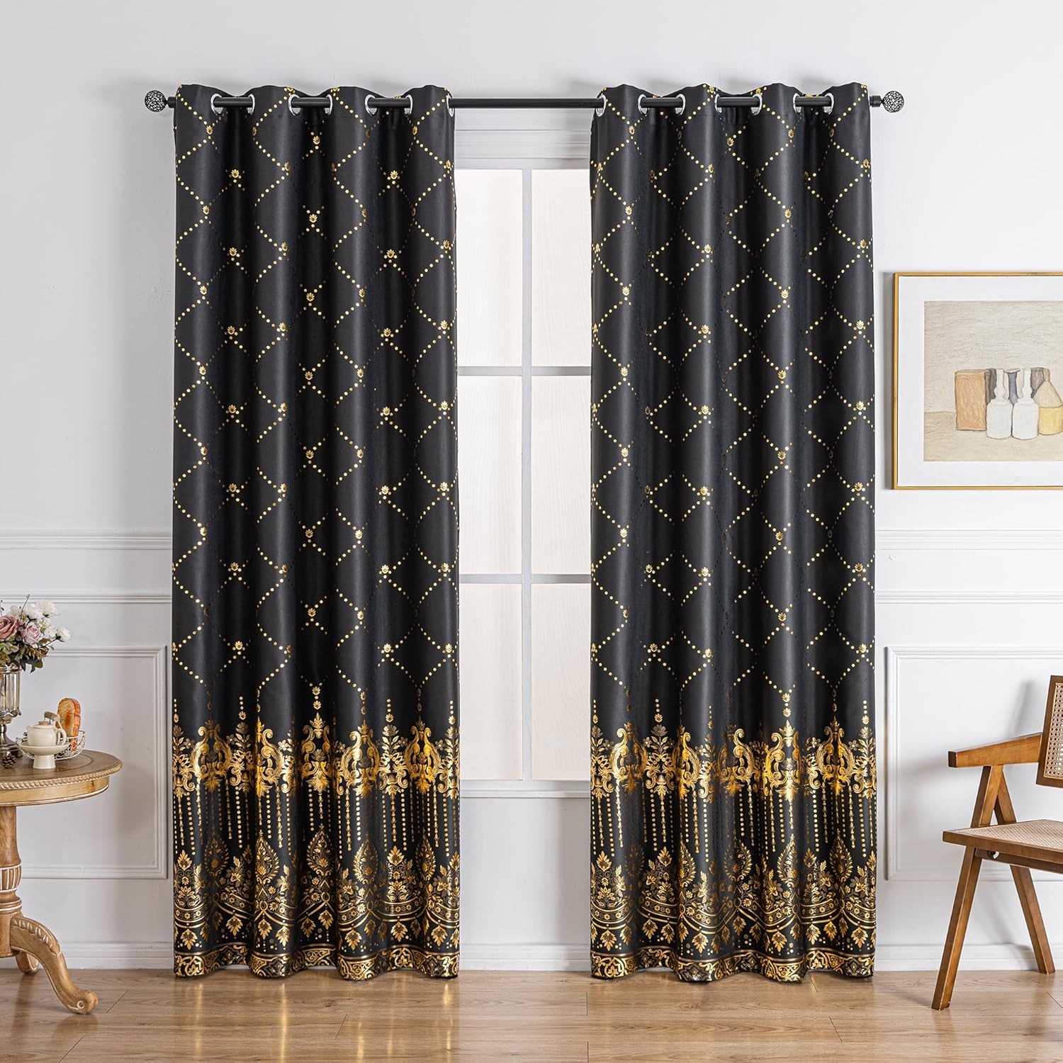 Blackout Window Curtains 52×104″ Black Gold Grommet Drapes – 2PCS Set