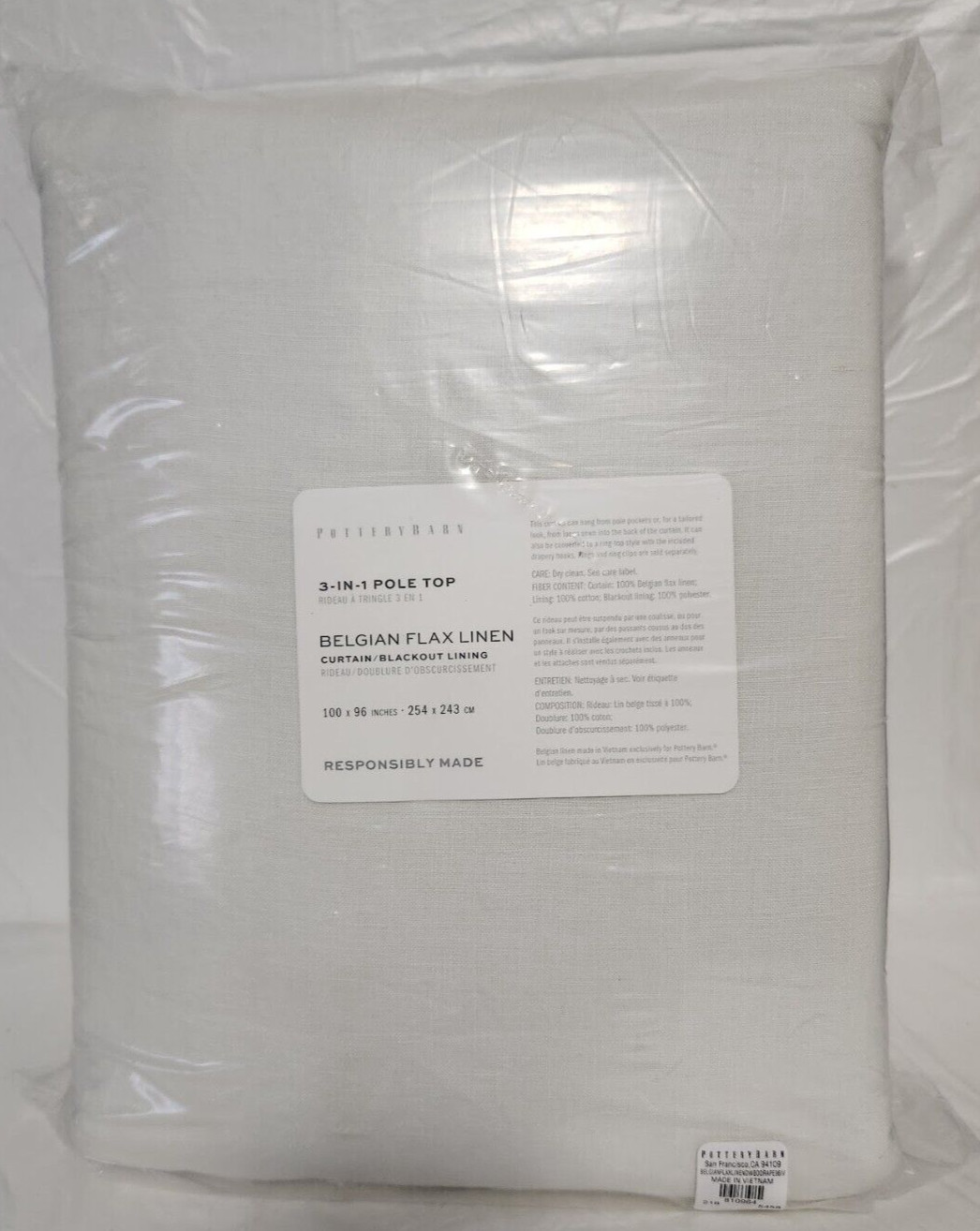 Pottery Barn 3in1 PoleTop Belgian Flax Linen Blackout Lin 1-Curtain 100×96 Ivory
