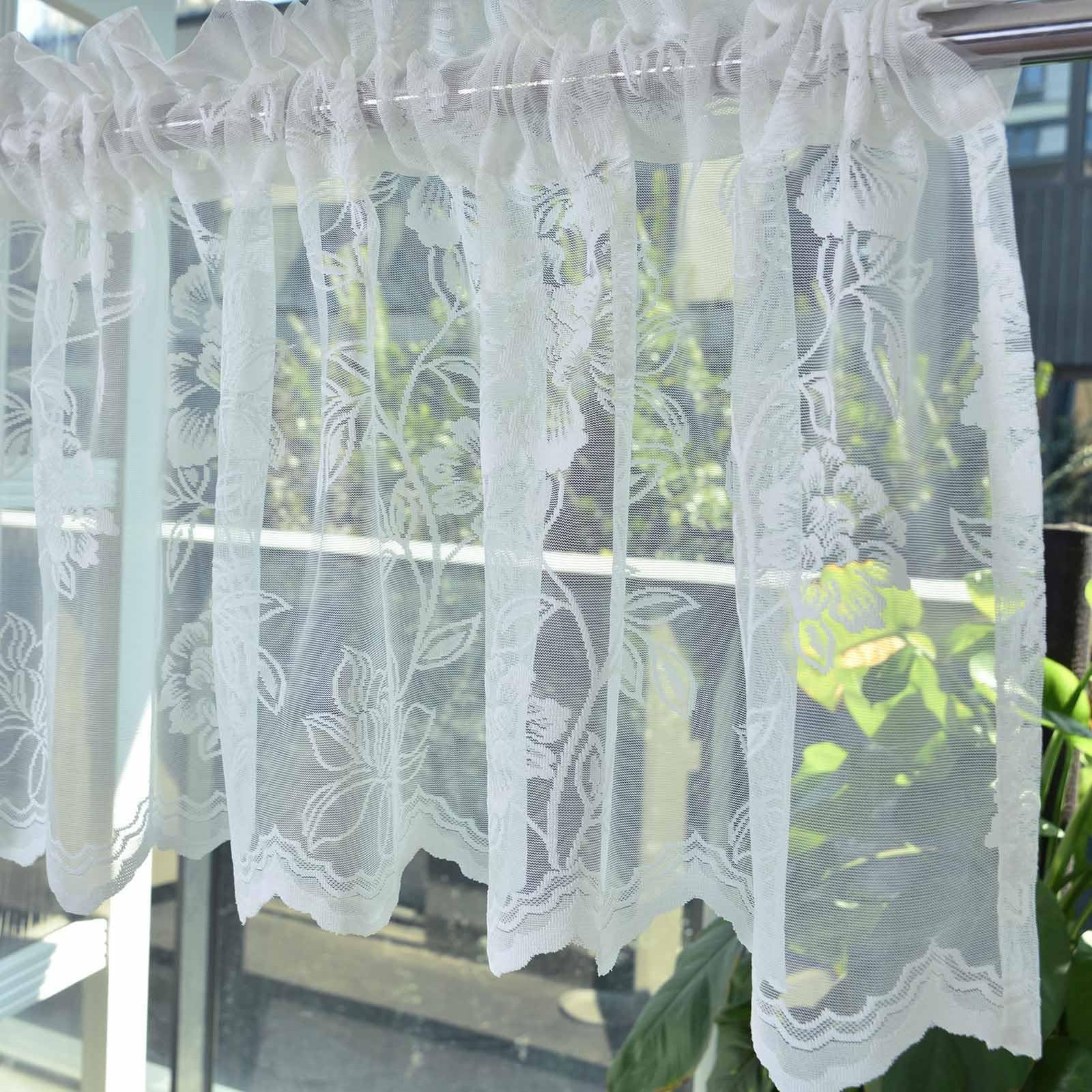 Lace Valance Curtain for Kitchen Window, Rustic Floral Leaf Embroidery Vintage W