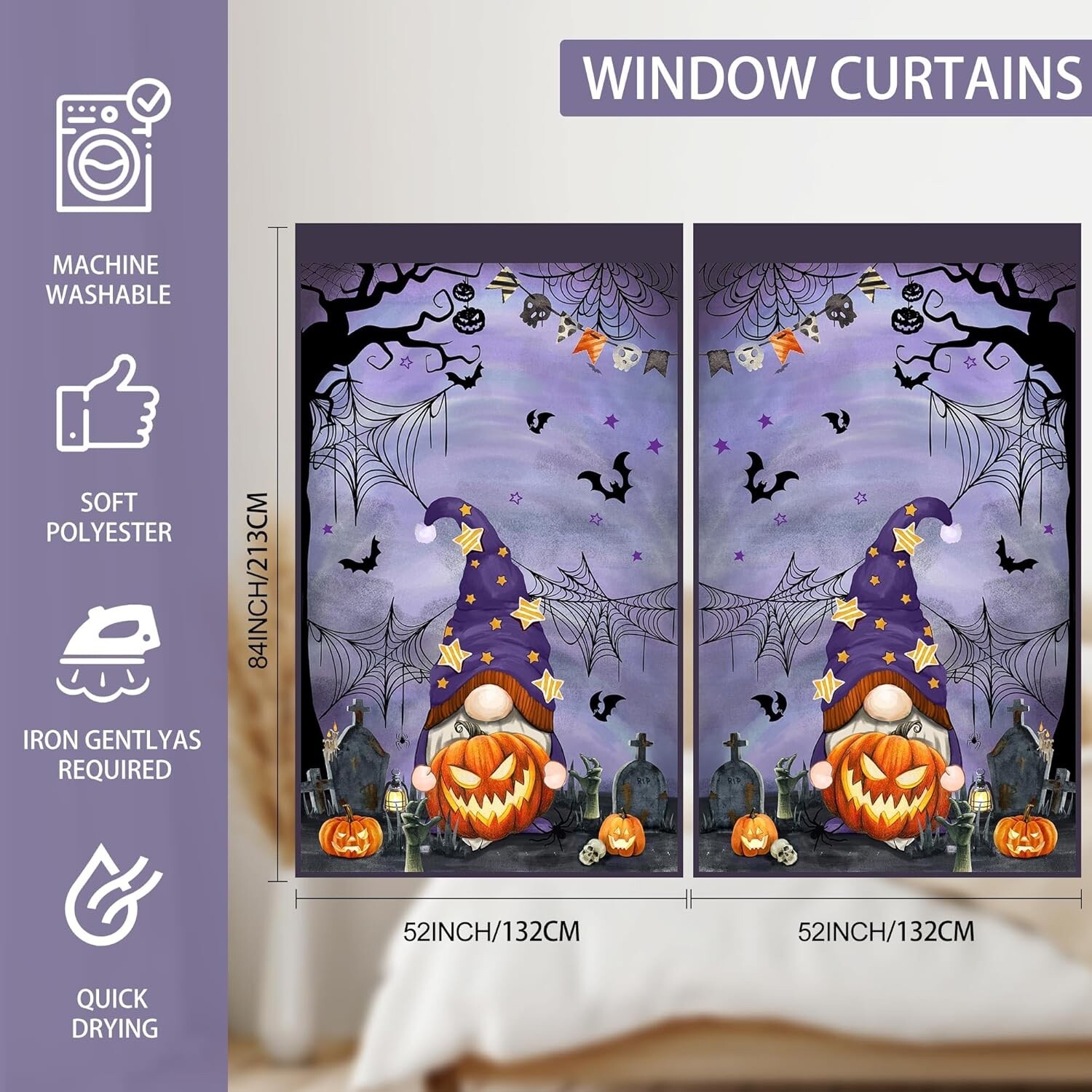 Hexagram Halloween Curtains 84 inches Long Purple Gnome Decor, Clean Window Wind