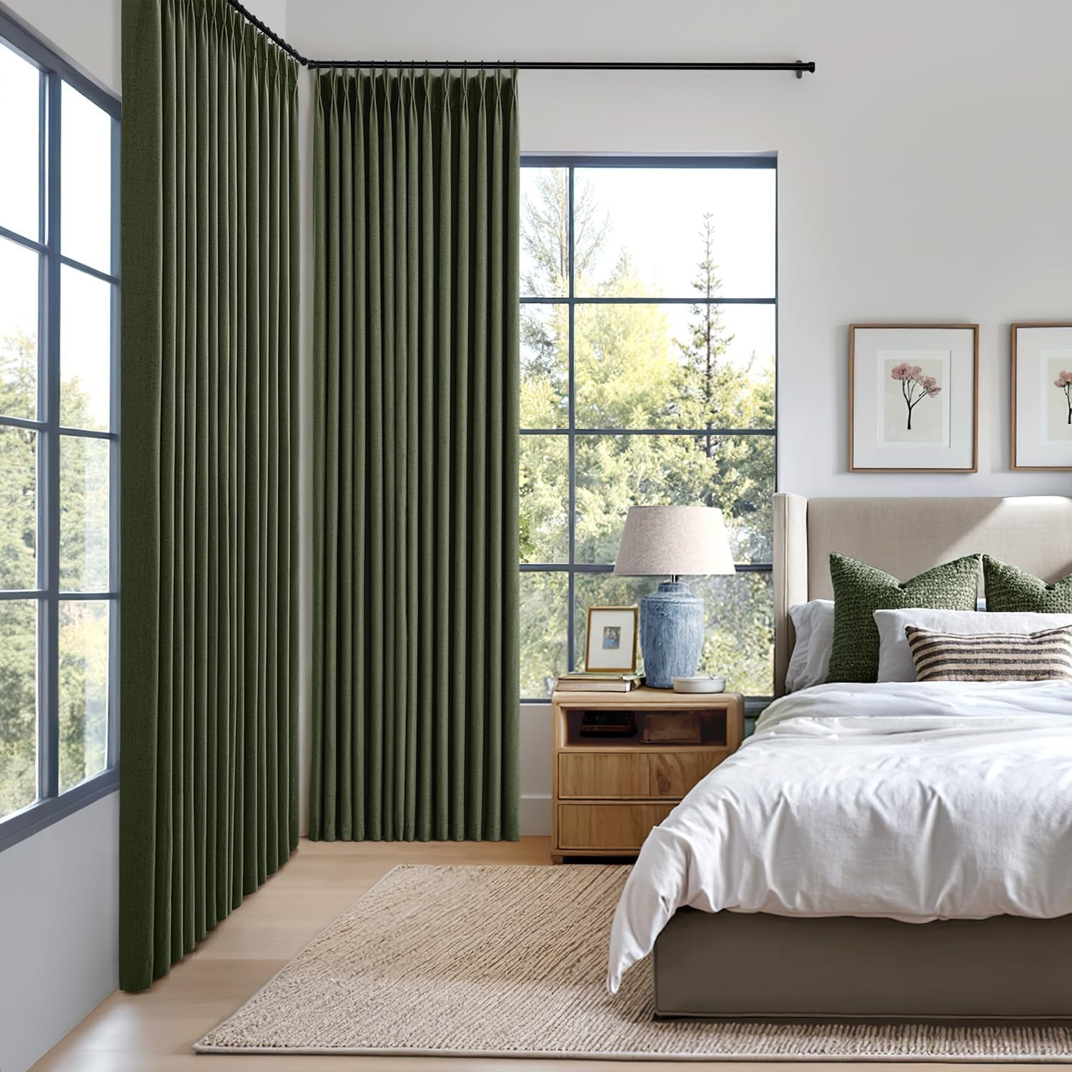 Olive Green Pinch Pleated Blackout Linen Curtains 84 Inch 2 Panels Bedroom
