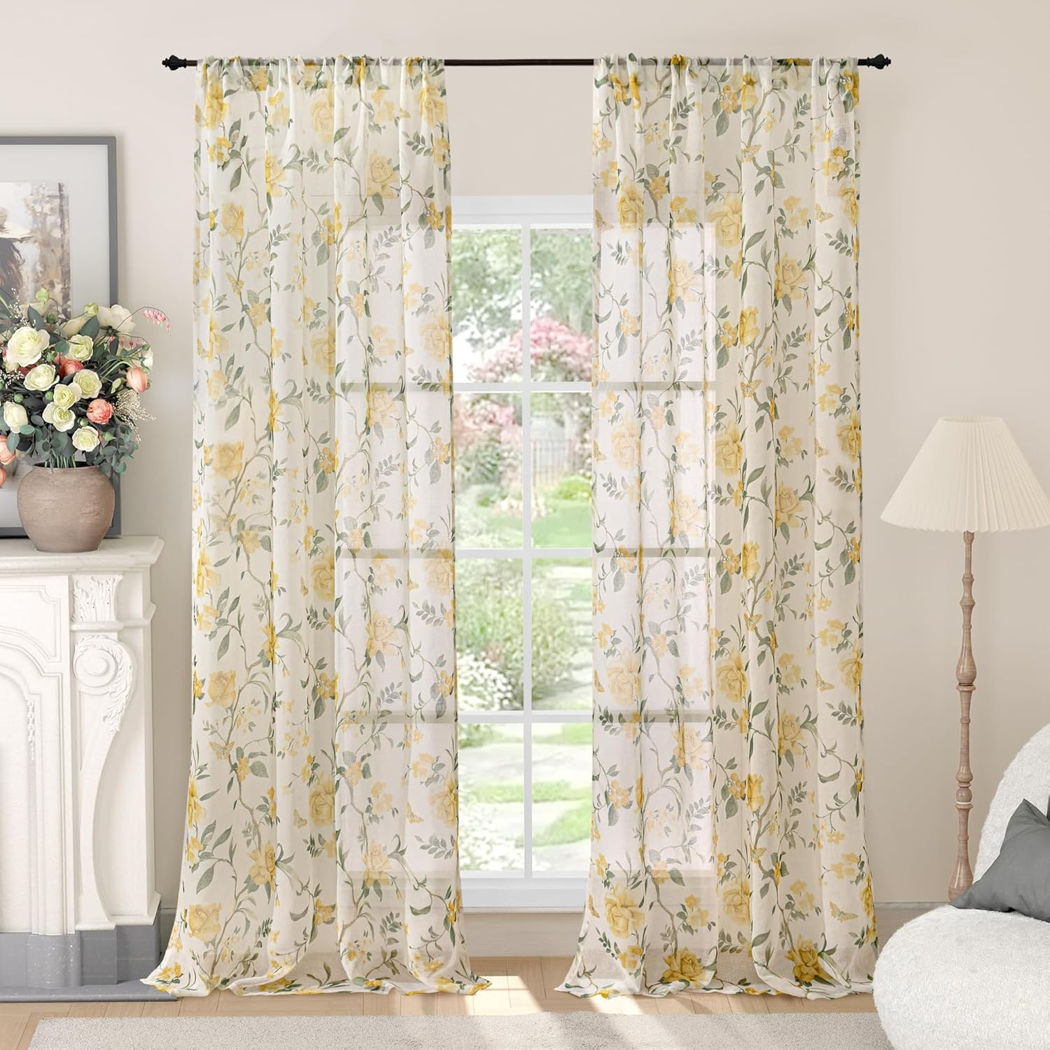 French Country Farmhouse Sheer Curtains for Living Room, Botanical Yellow Floral