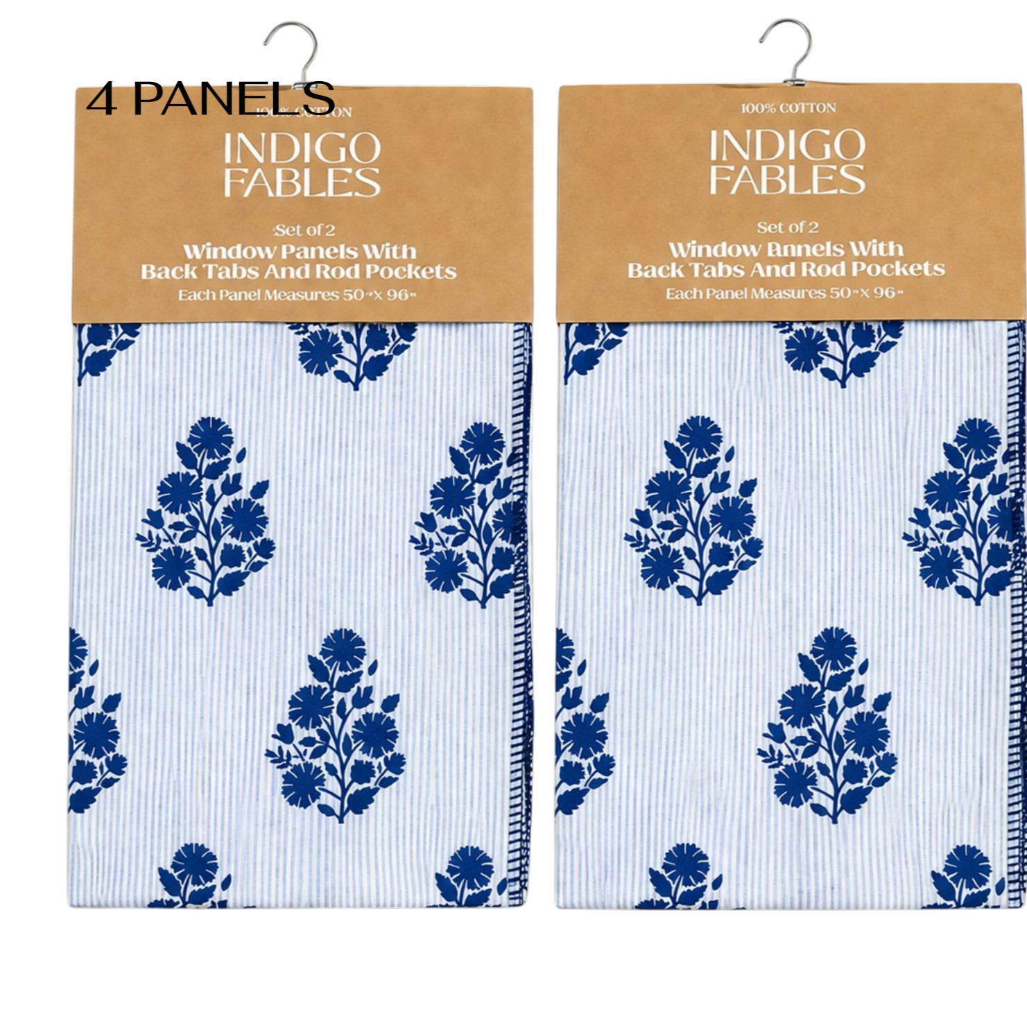 Indigo Fables Set of 4 Block Print Floral Curtains 50×96 Blue Stripe Farmhouse