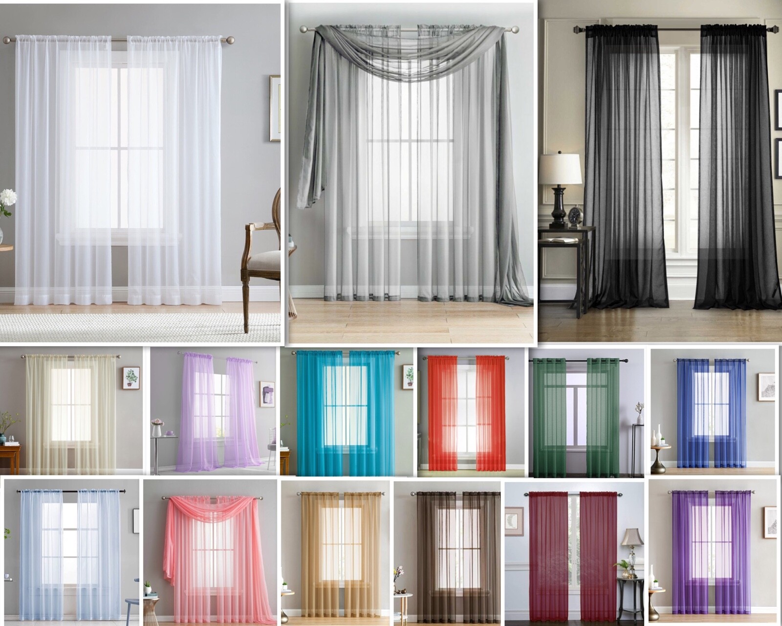 Jenna Collection Sheer Voile Solid Window Curtain Panel – Set of 2 – ALL COLORS