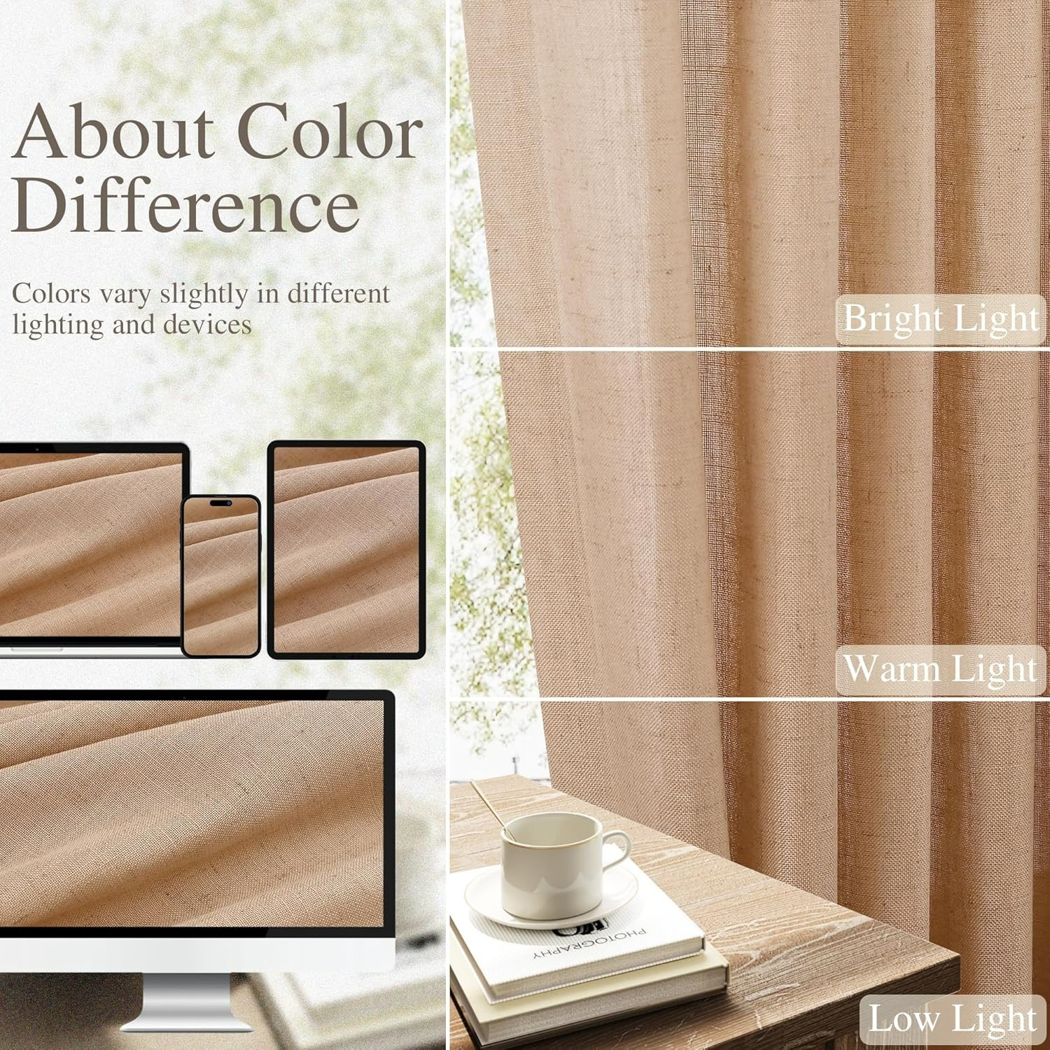 Camel Linen Curtains 90 Inch Length 2 Panels Set for Living Room NIP (B0136)