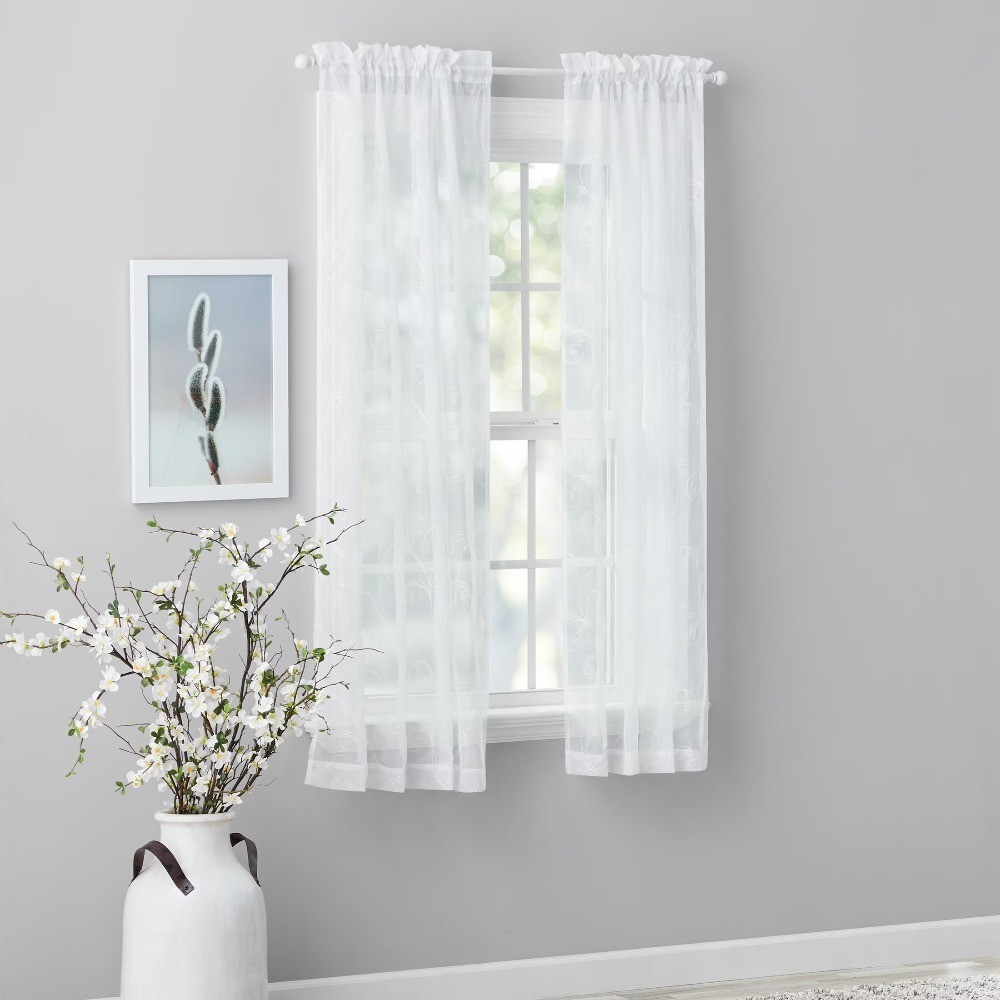 Sheer Embroidered White Single Curtain Panel with Scroll Rod Pocket 38 x 63
