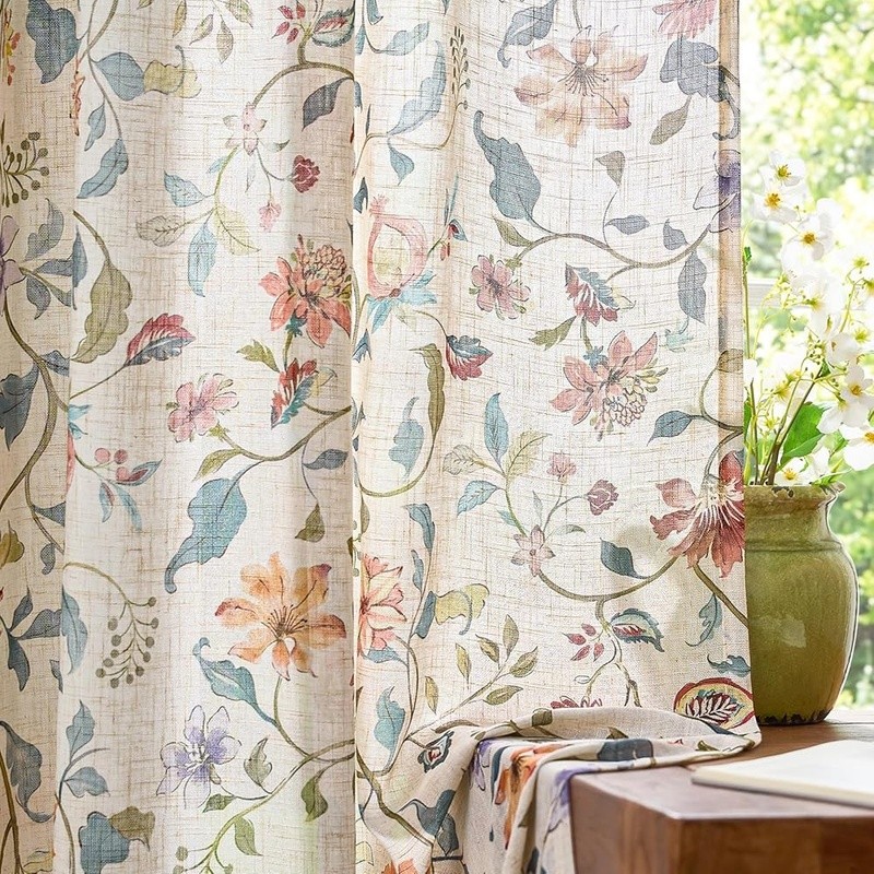 Linen Blend Curtains Light Filtering Floral Vines Living Room Bedroom Decor New
