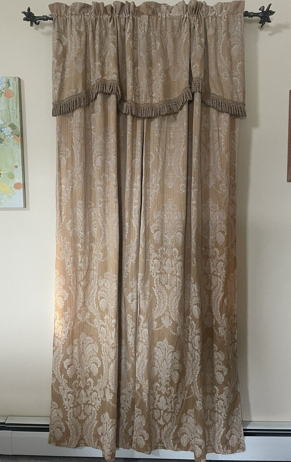2 GOLD & WHITE DAMASK CURTAIN PANELS ATTACHED TASSLE VALANCE TIE BACKS 84X57 HV4