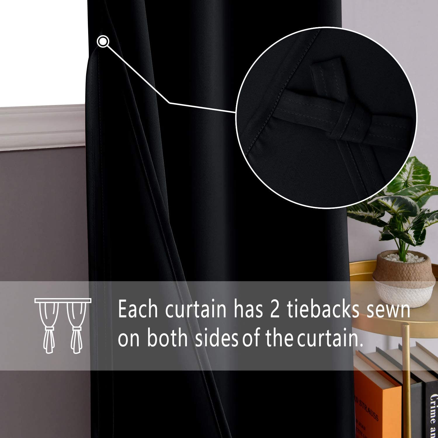 Black Blackout Curtains for Bedroom Sewn with Tiebacks – Thermal Insulated Light