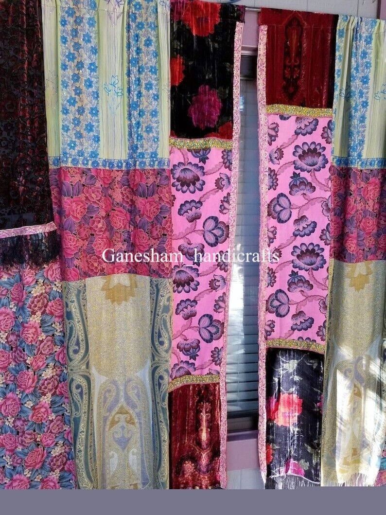 Indian Old Recycle Silk Saree Boho Multi Curtain Door Drape Decor Curtain 2Pc