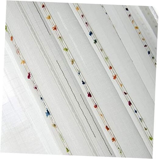 Faux Linen Stripe Pom Pom Sheer Curtains for 52″W x 84″L (Pack of 1) Sheer 16
