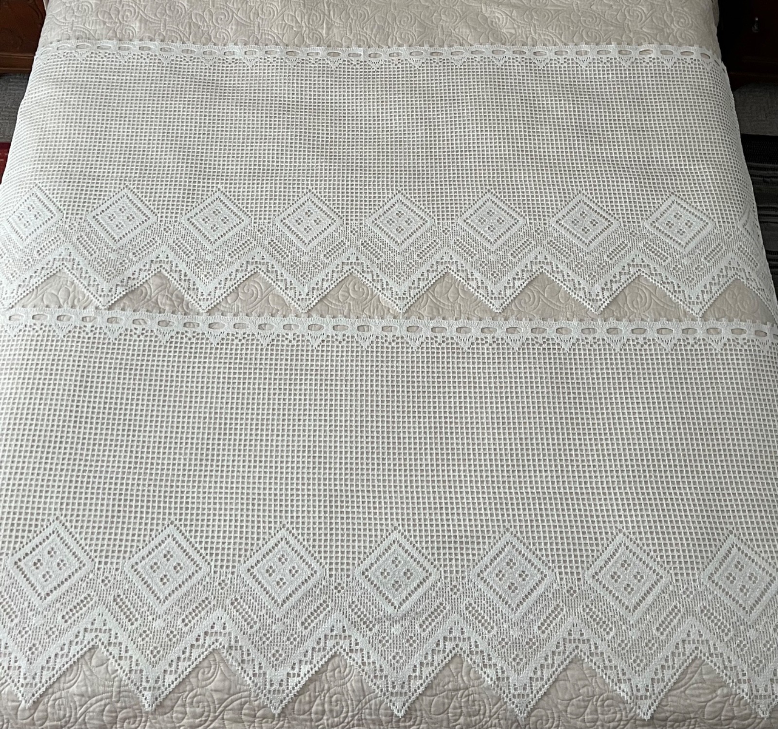 Set of two European Café “Lace” Sheer Curtain Panels; 24” (H) x 67”(W)