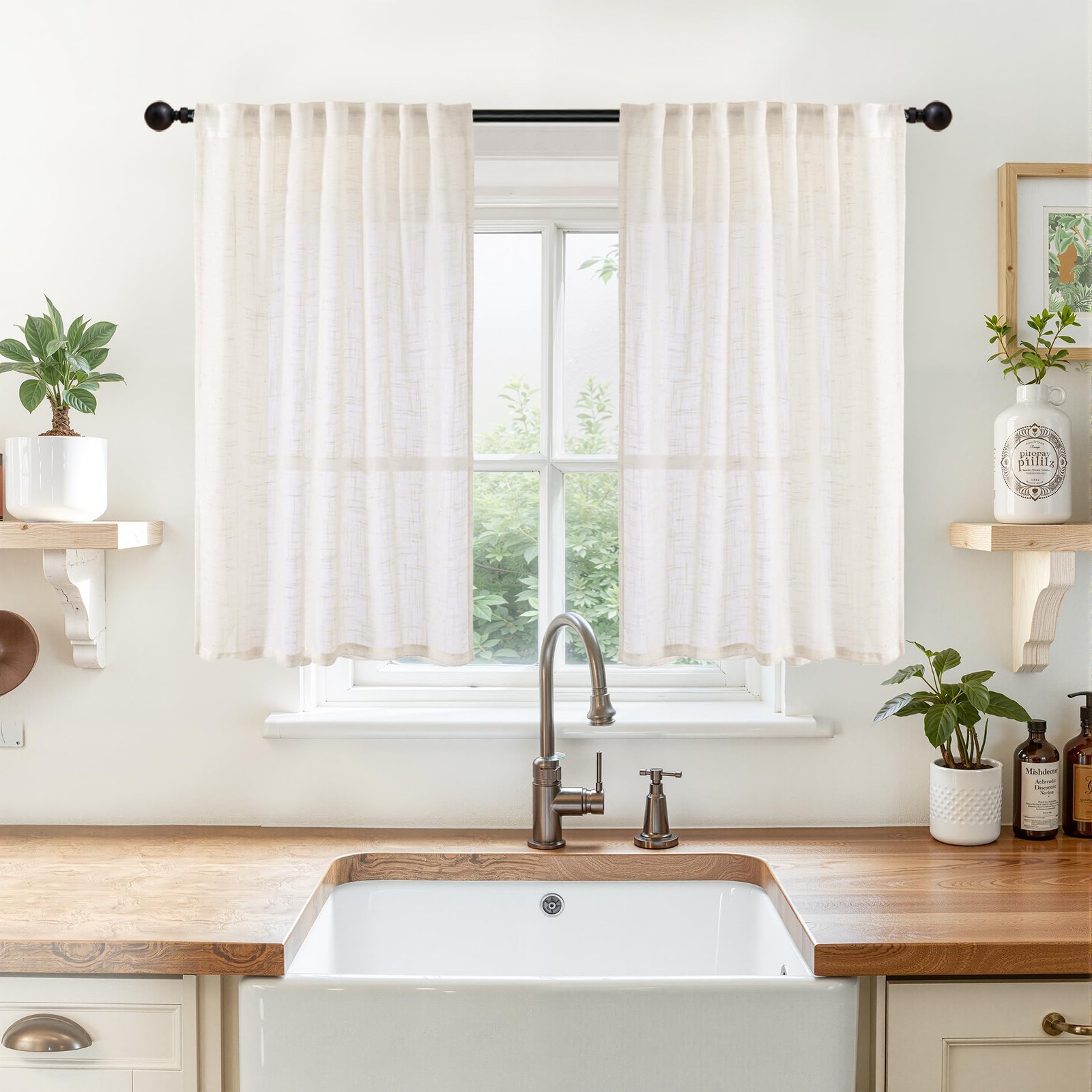 Natural Linen Curtains 40 Inches Long – Short Drapes Semi Sheer with Rod Pock…