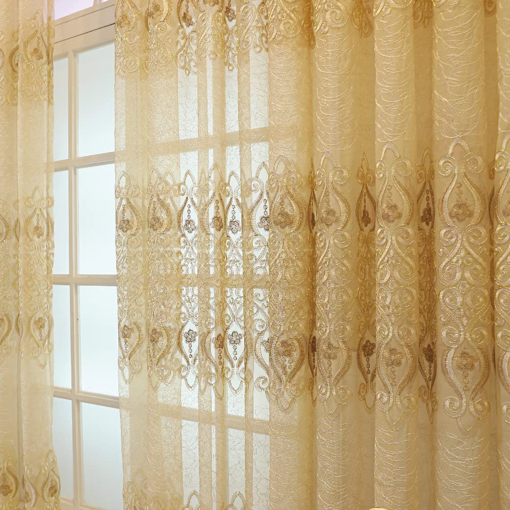 1 Pair European Jacquard Sheer Curtains Embroidered Tulle Curtains Living Roo…